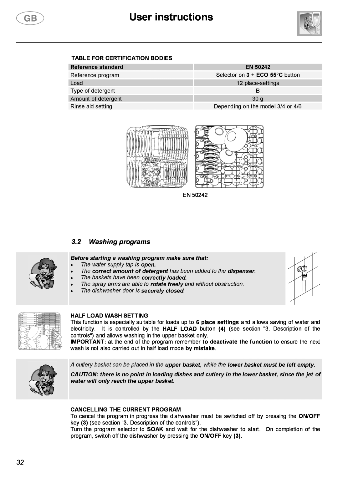 Smeg LVF32G instruction manual Washing programs, Table For Certification Bodies, Reference standard, Half Load Wash Setting 