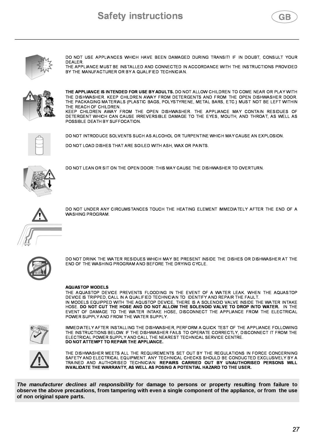 Smeg LVF32G instruction manual Safety instructions, Aquastop Models, Do Not Attempt To Repair The Appliance 