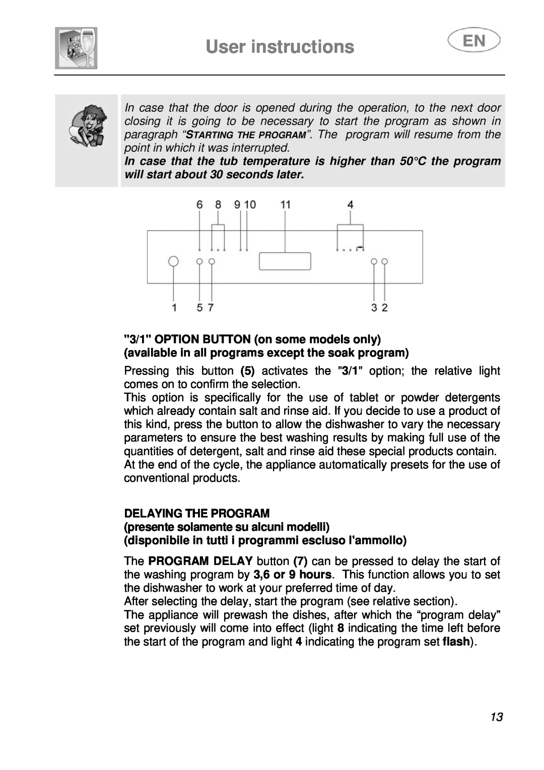 Smeg LVF649B instruction manual User instructions, Delaying The Program, presente solamente su alcuni modelli 