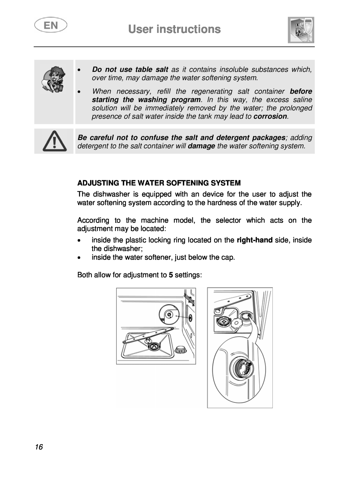 Smeg LVF649B instruction manual User instructions, Adjusting The Water Softening System 