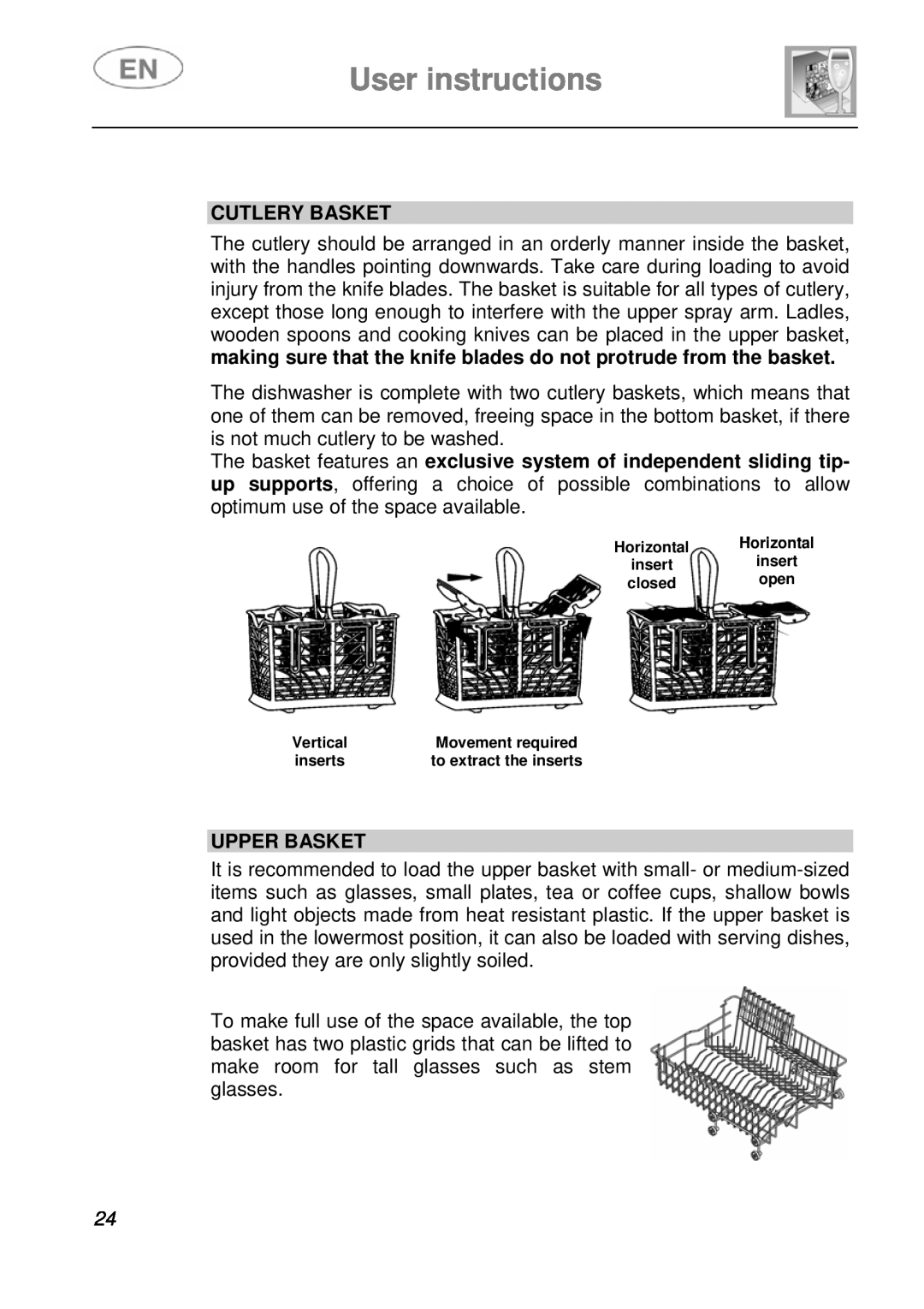 Smeg LVF649B instruction manual User instructions, Cutlery Basket, Upper Basket, closed, Vertical, inserts 