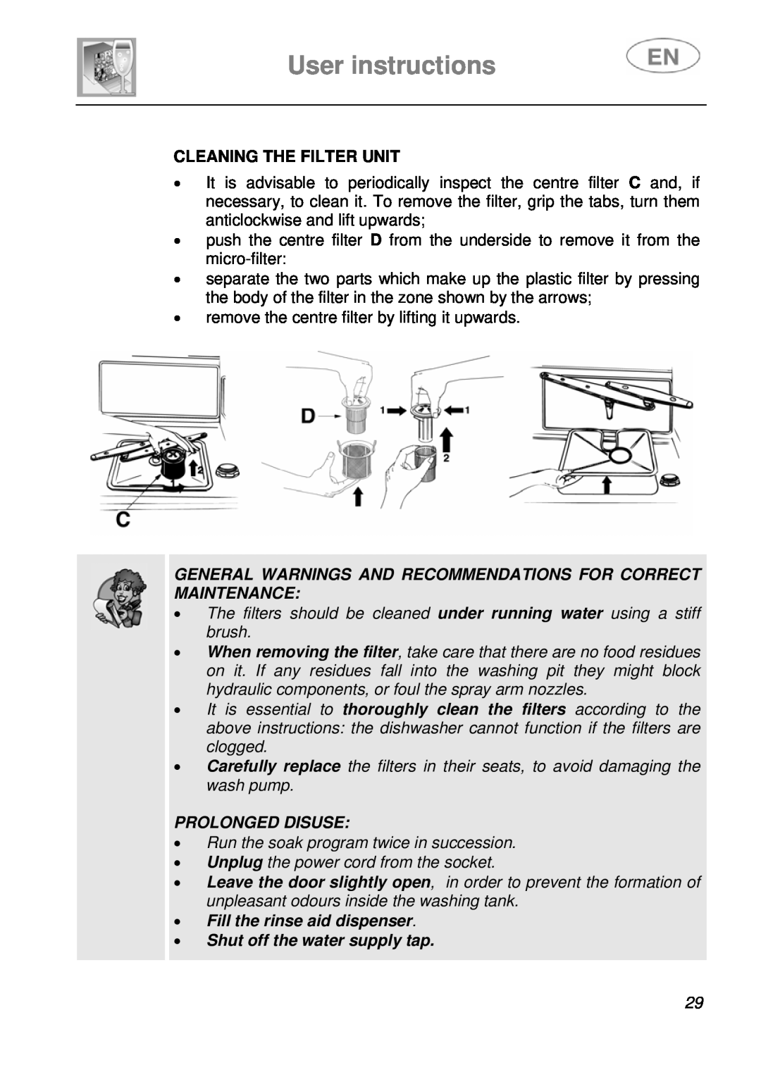 Smeg LVF649B instruction manual User instructions, Cleaning The Filter Unit, Prolonged Disuse, Fill the rinse aid dispenser 