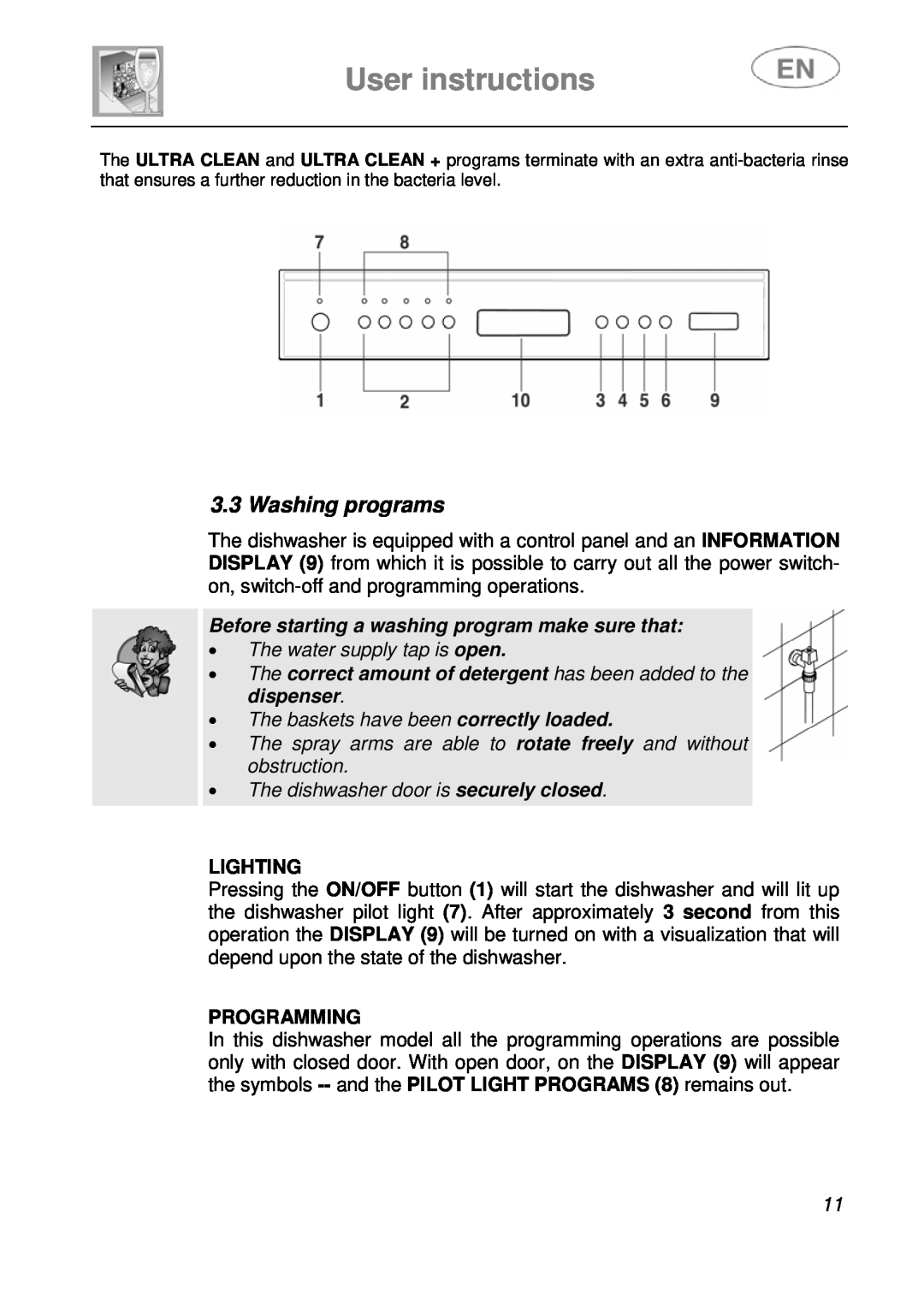 Smeg LVS1449B User instructions, Washing programs, Before starting a washing program make sure that, Lighting, Programming 