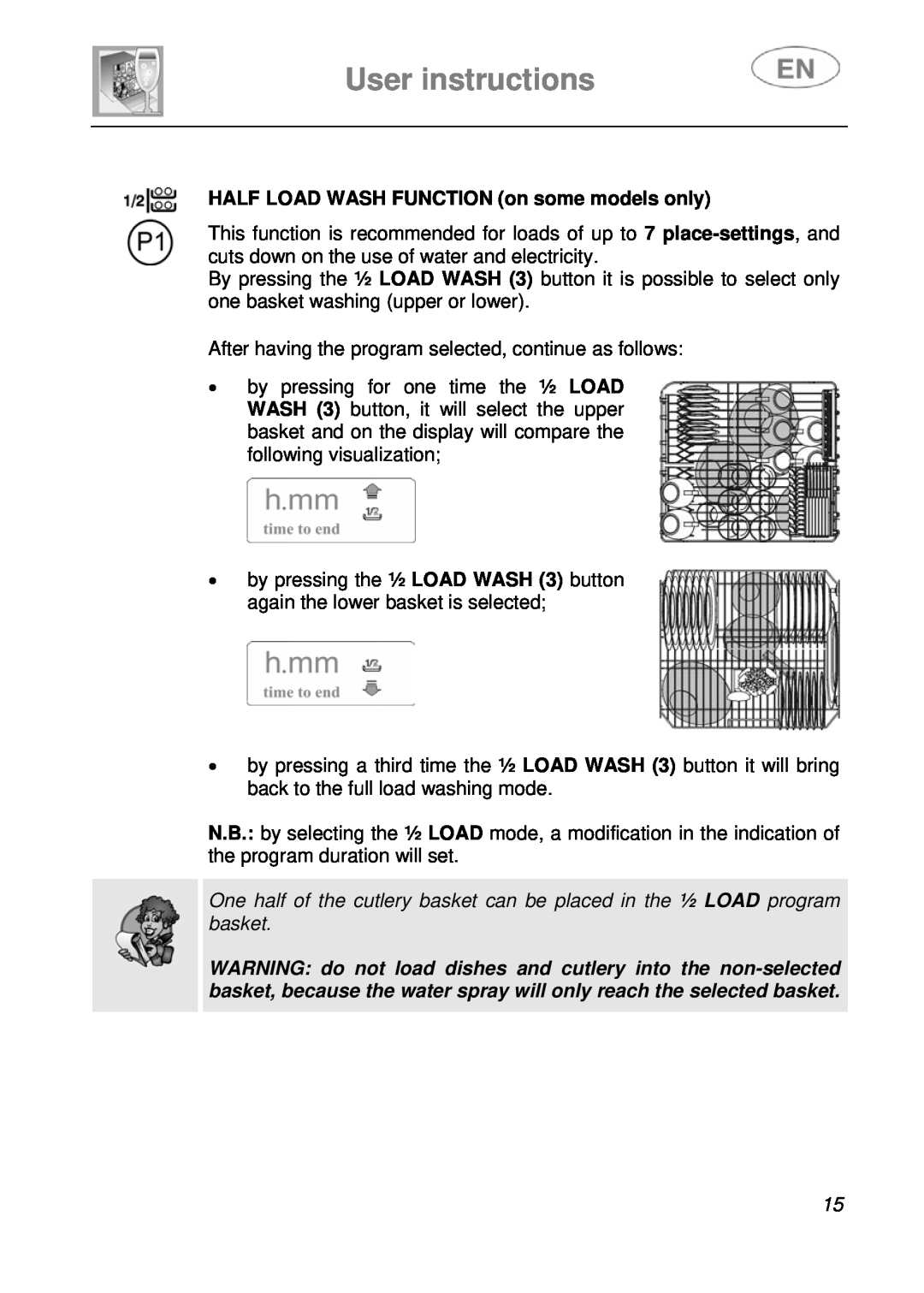 Smeg LVS1449B instruction manual User instructions, HALF LOAD WASH FUNCTION on some models only 