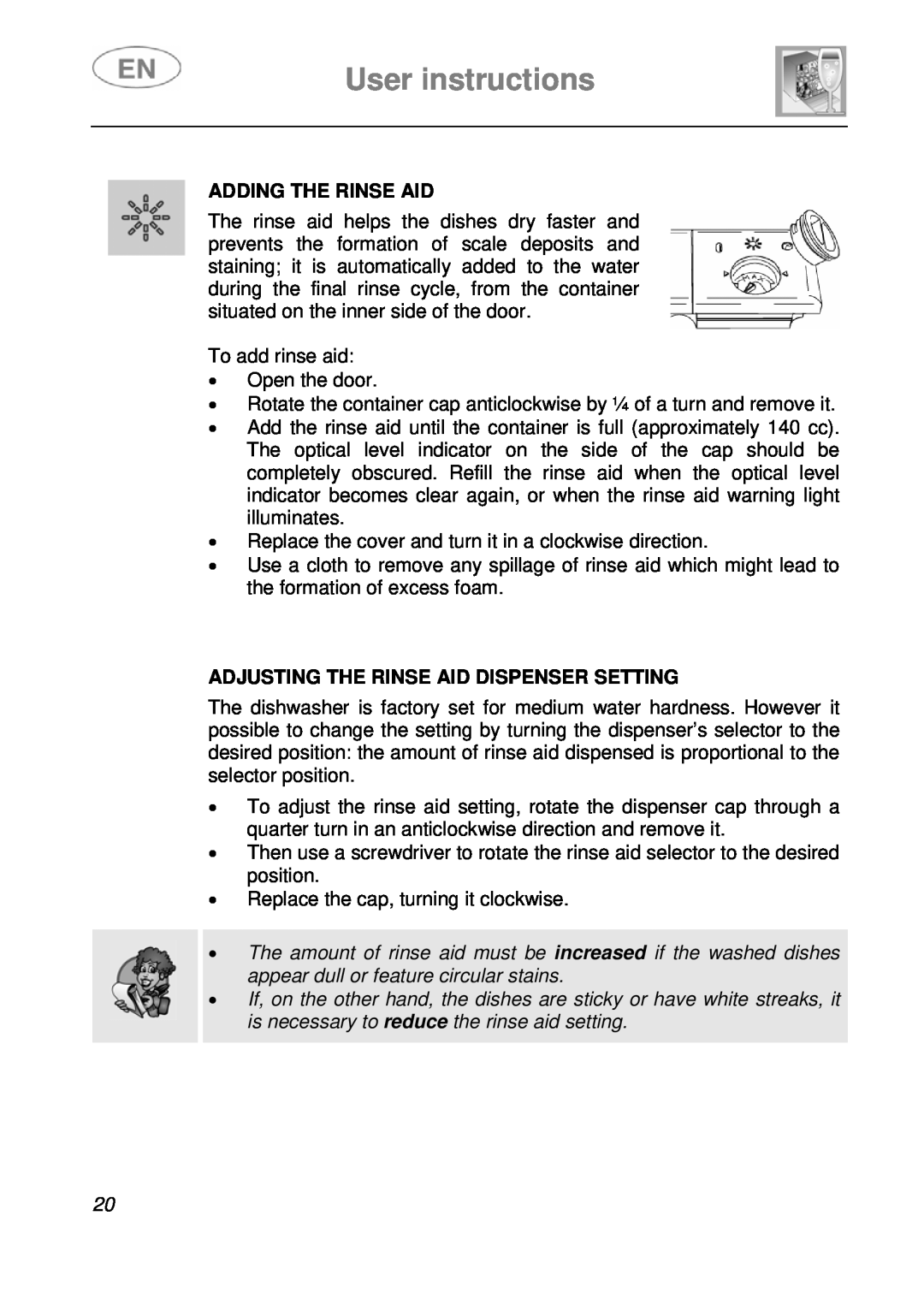 Smeg LVS1449B instruction manual User instructions, Adding The Rinse Aid, Adjusting The Rinse Aid Dispenser Setting 