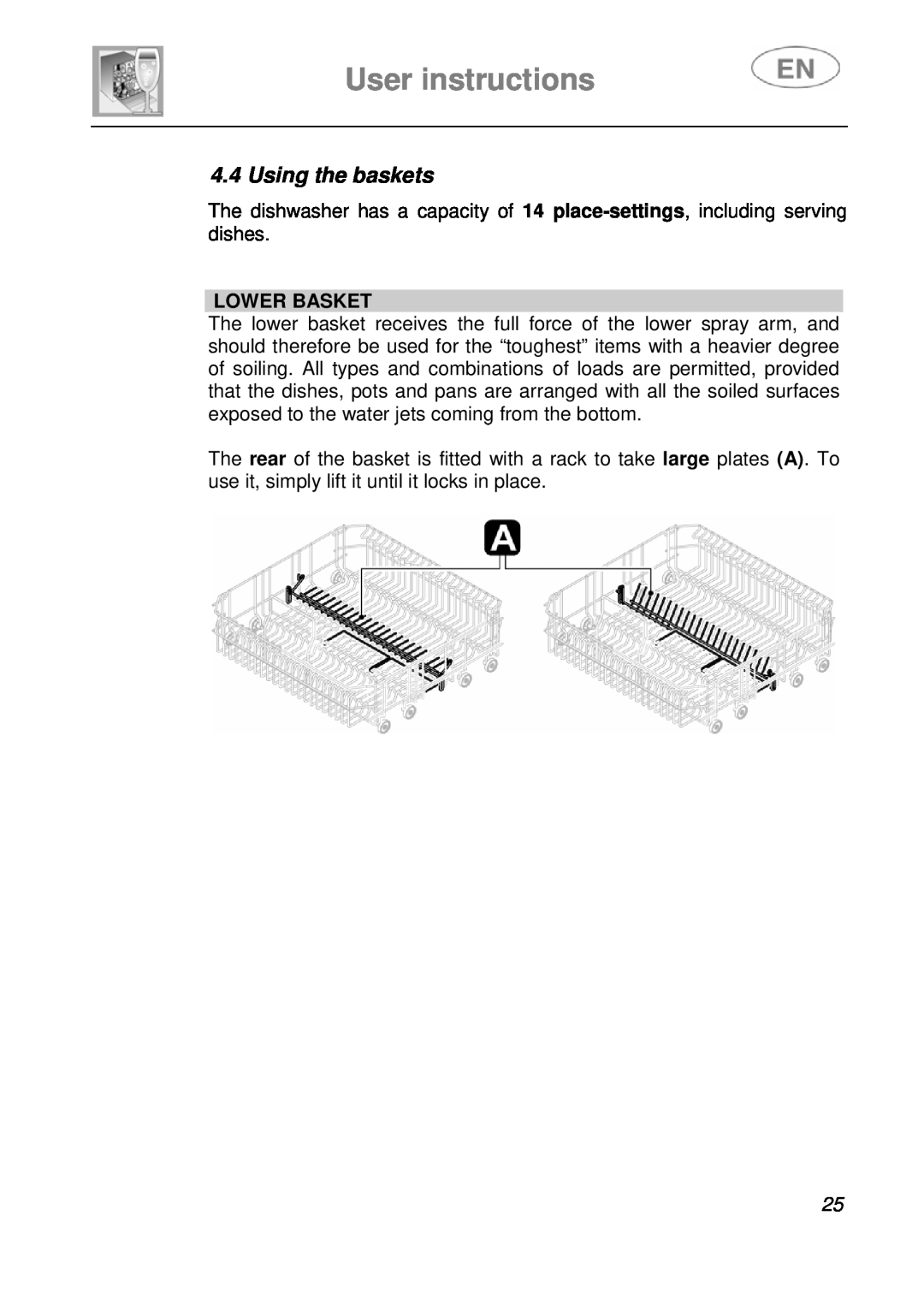 Smeg LVS1449B instruction manual User instructions, Using the baskets, Lower Basket 