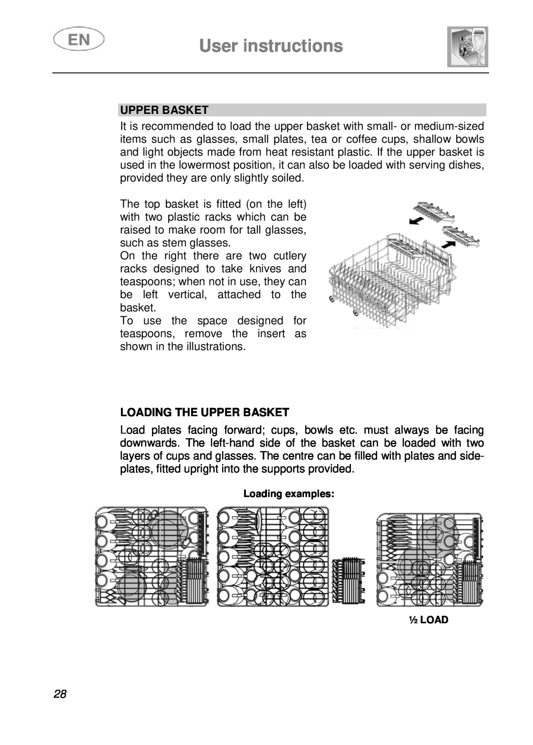 Smeg LVS1449B instruction manual User instructions, Loading The Upper Basket 