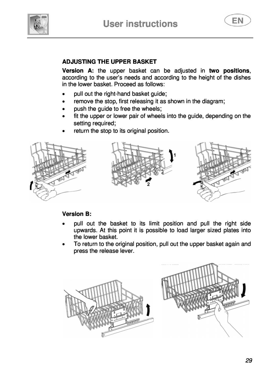 Smeg LVS1449B instruction manual User instructions, Adjusting The Upper Basket, Version B 