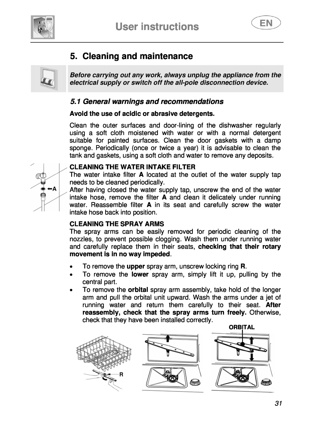 Smeg LVS1449B Cleaning and maintenance, User instructions, General warnings and recommendations, Cleaning The Spray Arms 