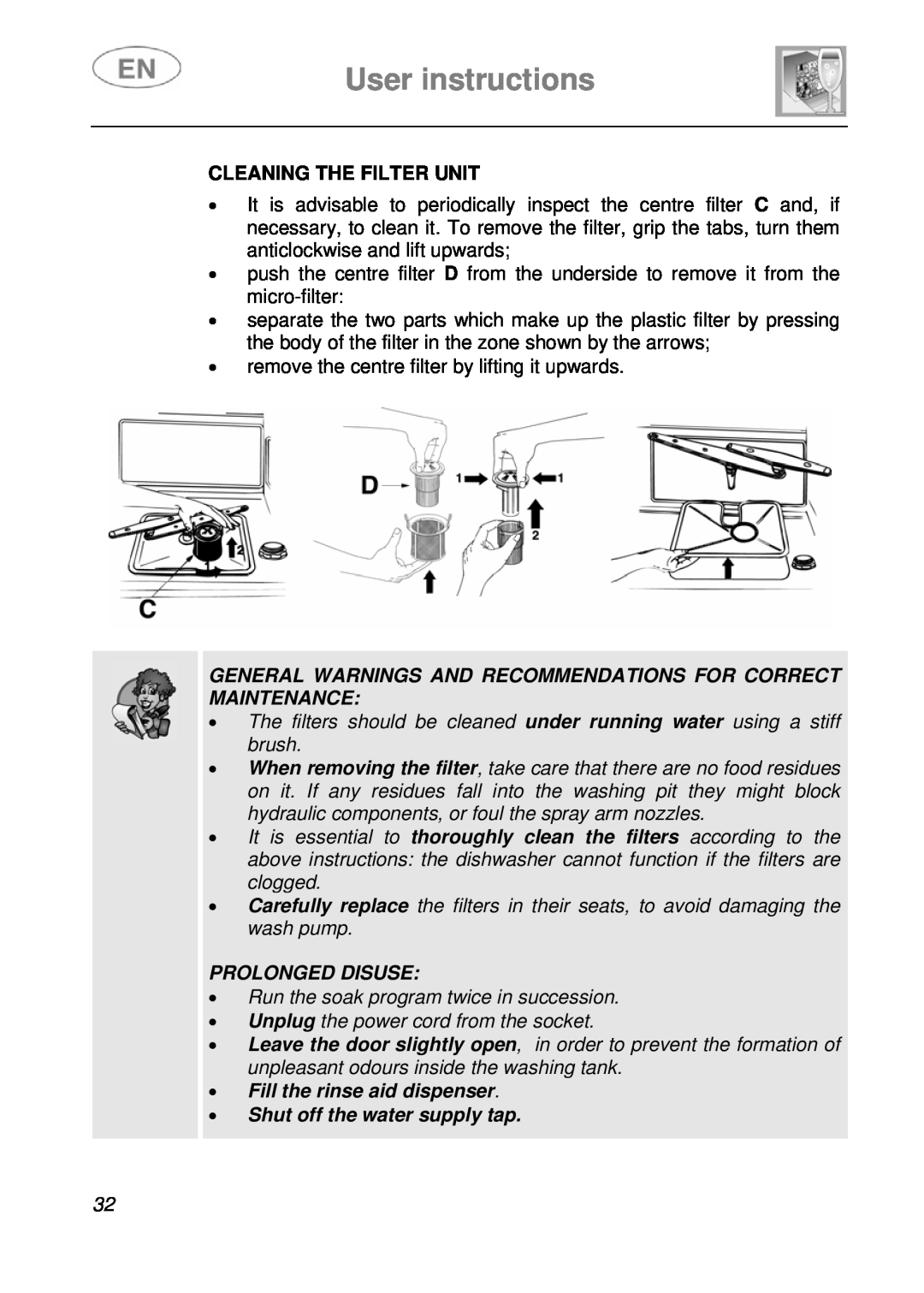 Smeg LVS1449B User instructions, Cleaning The Filter Unit, General Warnings And Recommendations For Correct Maintenance 