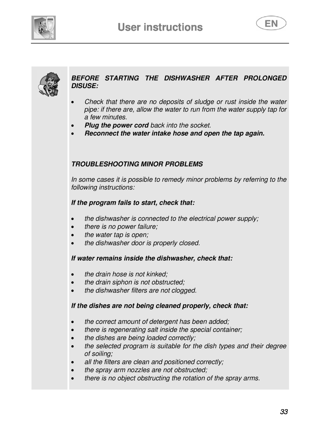 Smeg LVS1449B User instructions, Before Starting The Dishwasher After Prolonged Disuse, Troubleshooting Minor Problems 