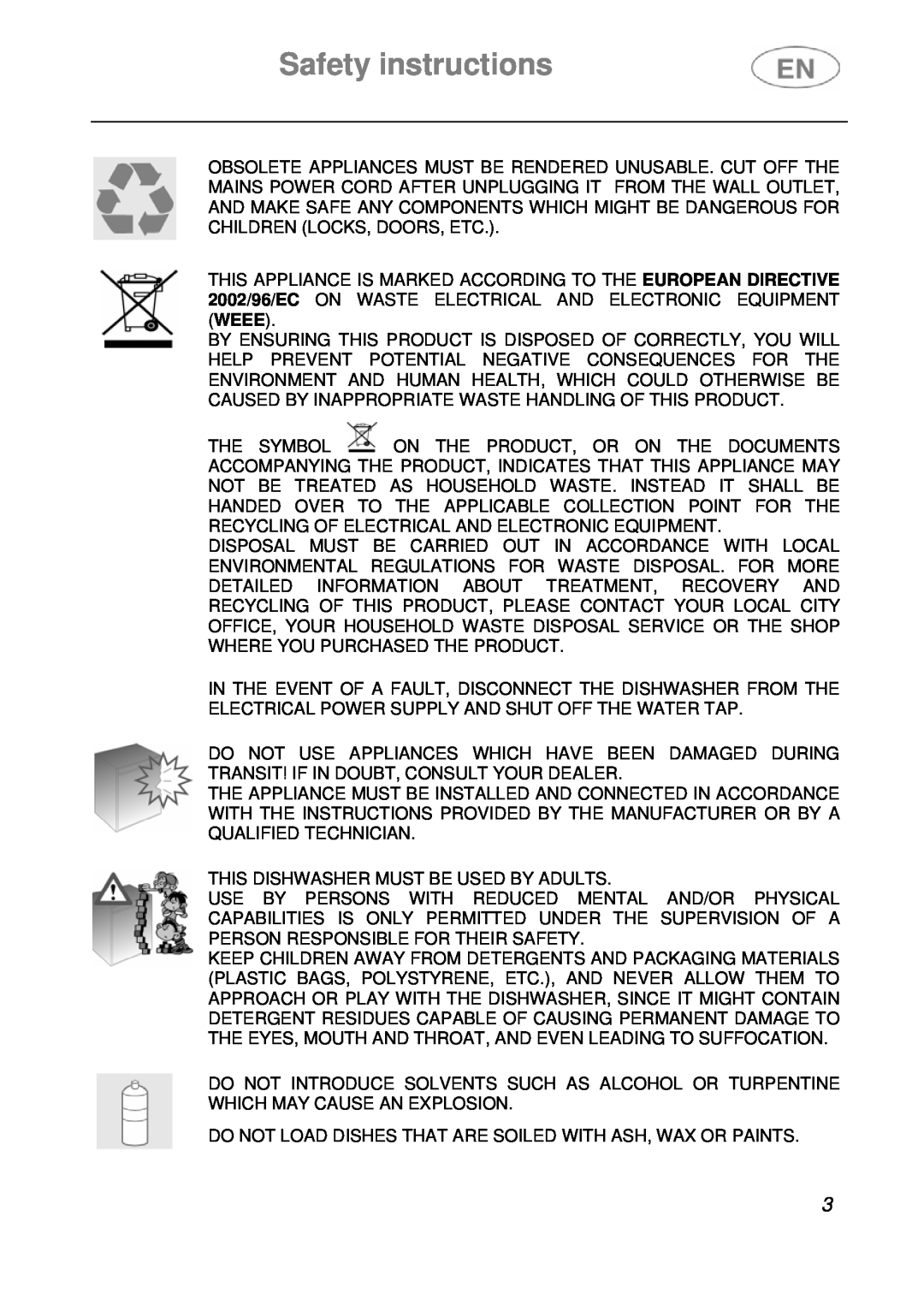 Smeg LVS1449B instruction manual Safety instructions, This Dishwasher Must Be Used By Adults 