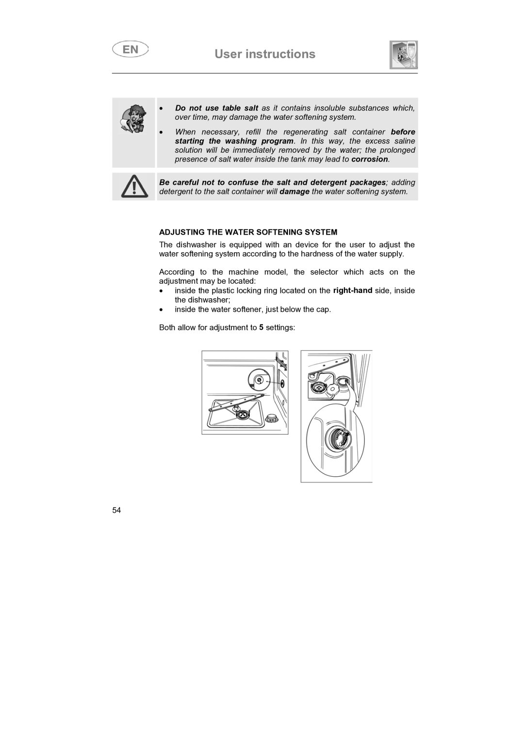 Smeg LVS655EG instruction manual Adjusting the Water Softening System 