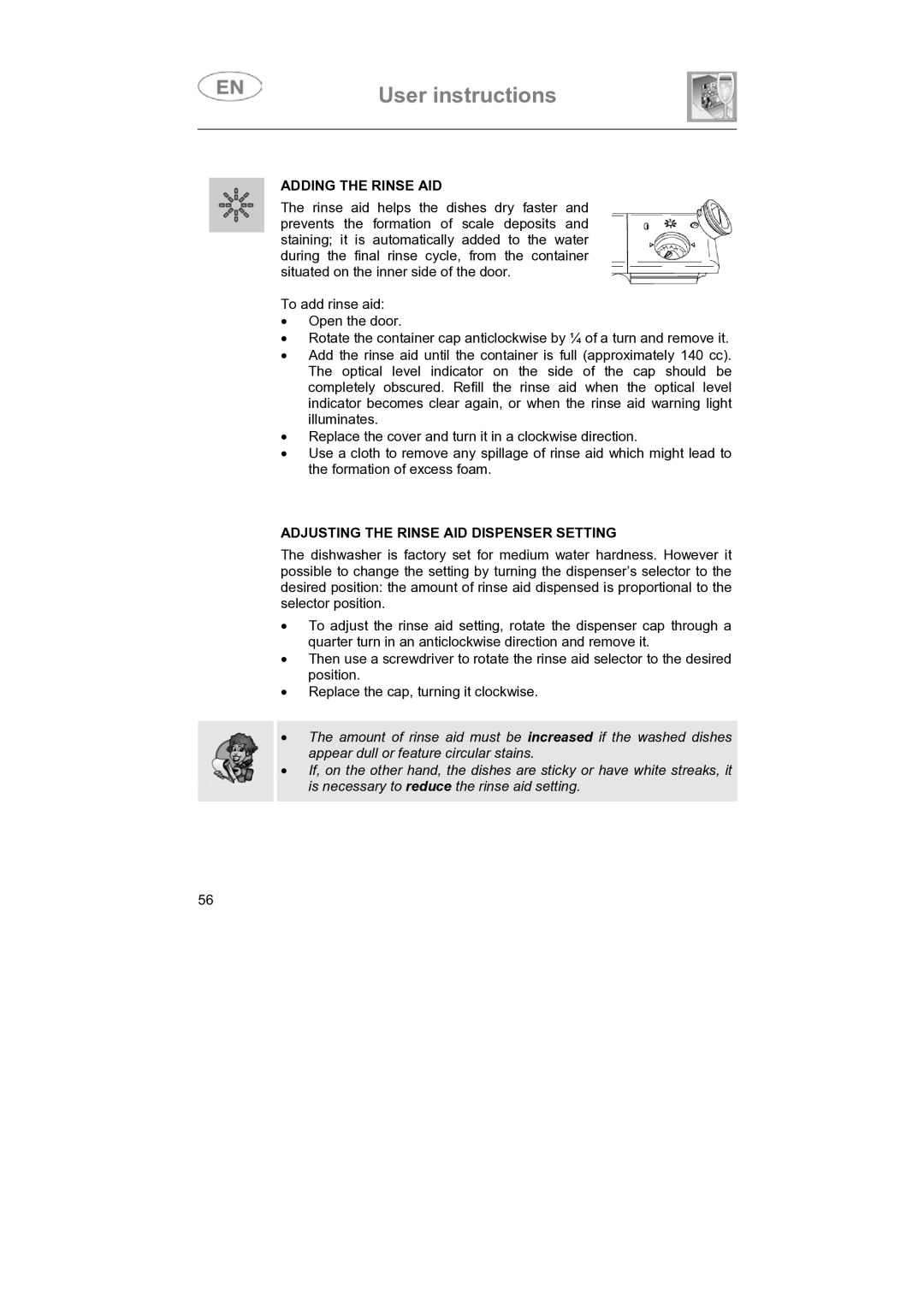 Smeg LVS655EG instruction manual Adding the Rinse AID, Adjusting the Rinse AID Dispenser Setting 