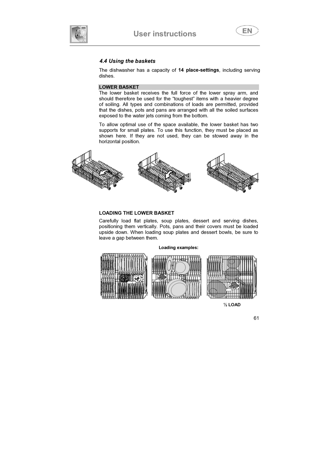 Smeg LVS655EG instruction manual Using the baskets, Loading the Lower Basket 