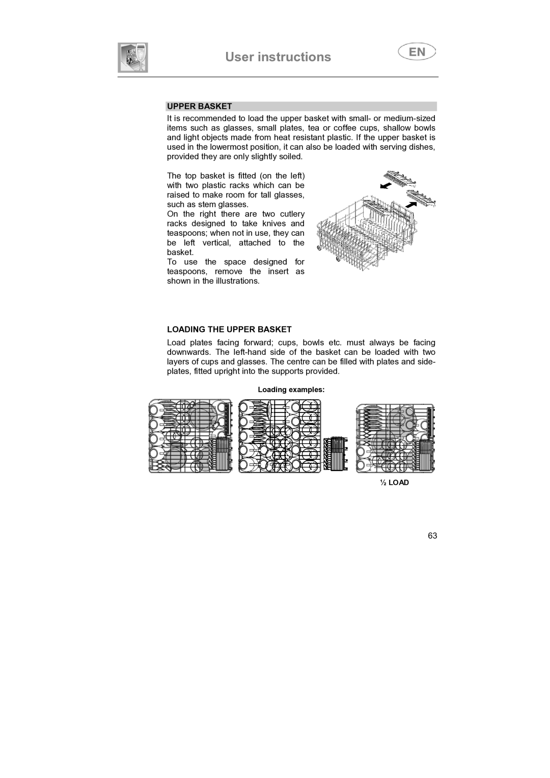 Smeg LVS655EG instruction manual Loading the Upper Basket 