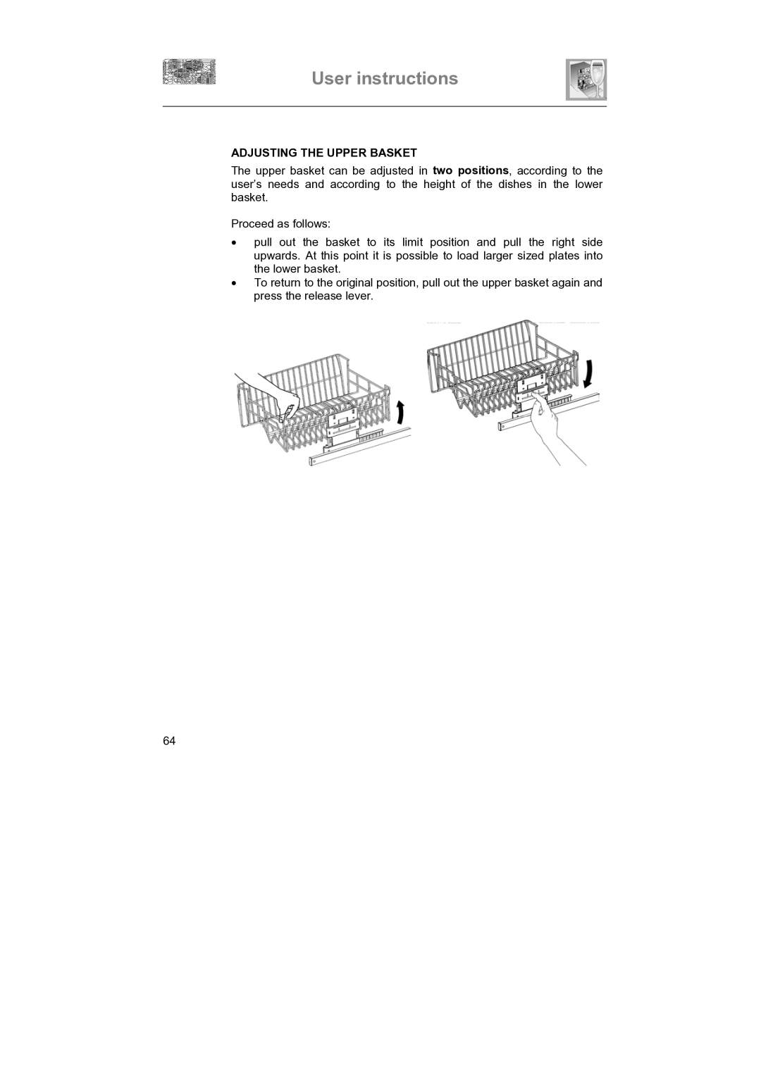 Smeg LVS655EG instruction manual Adjusting the Upper Basket 