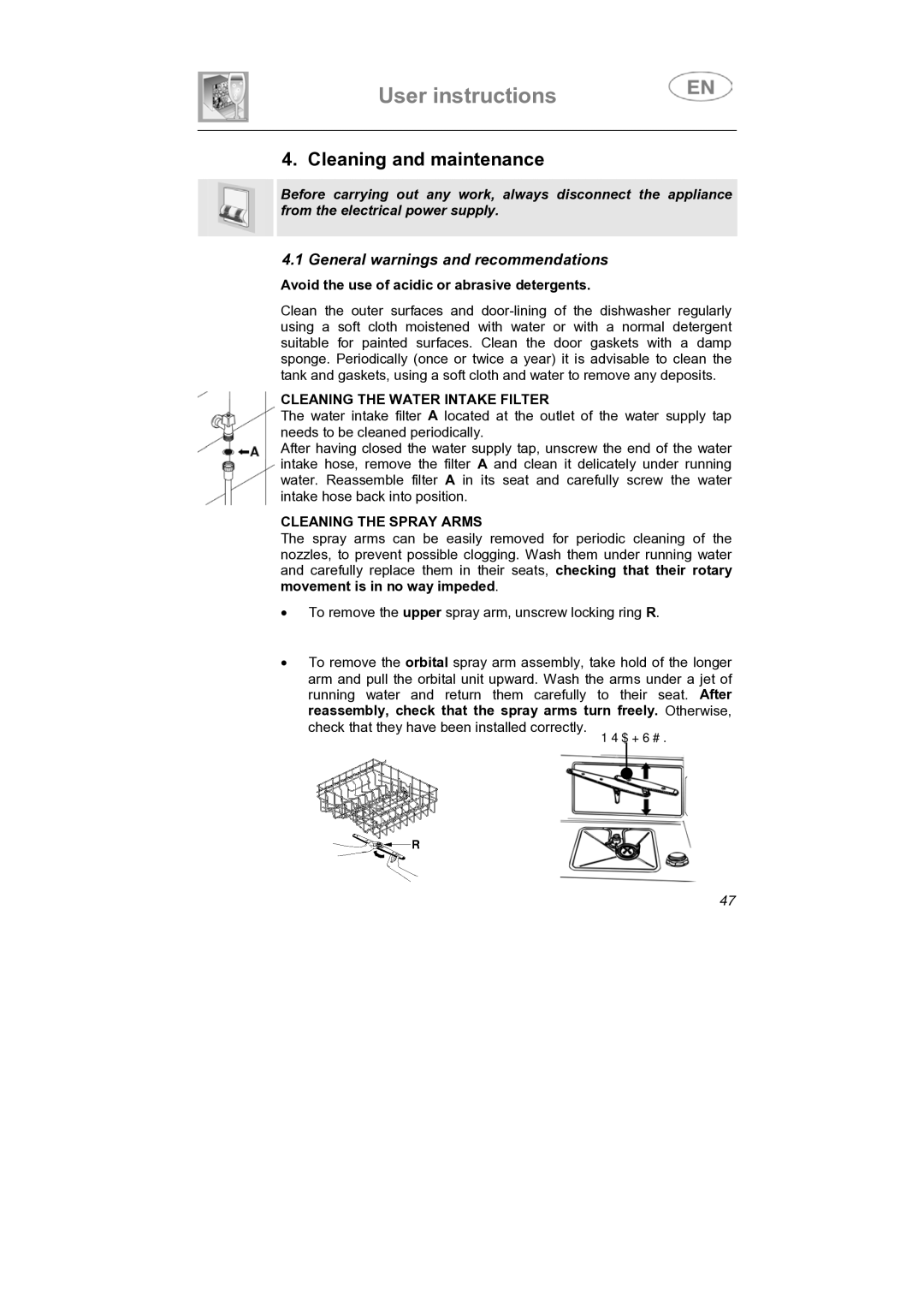 Smeg LVS655EG instruction manual Cleaning and maintenance, Cleaning the Water Intake Filter, Cleaning the Spray Arms 