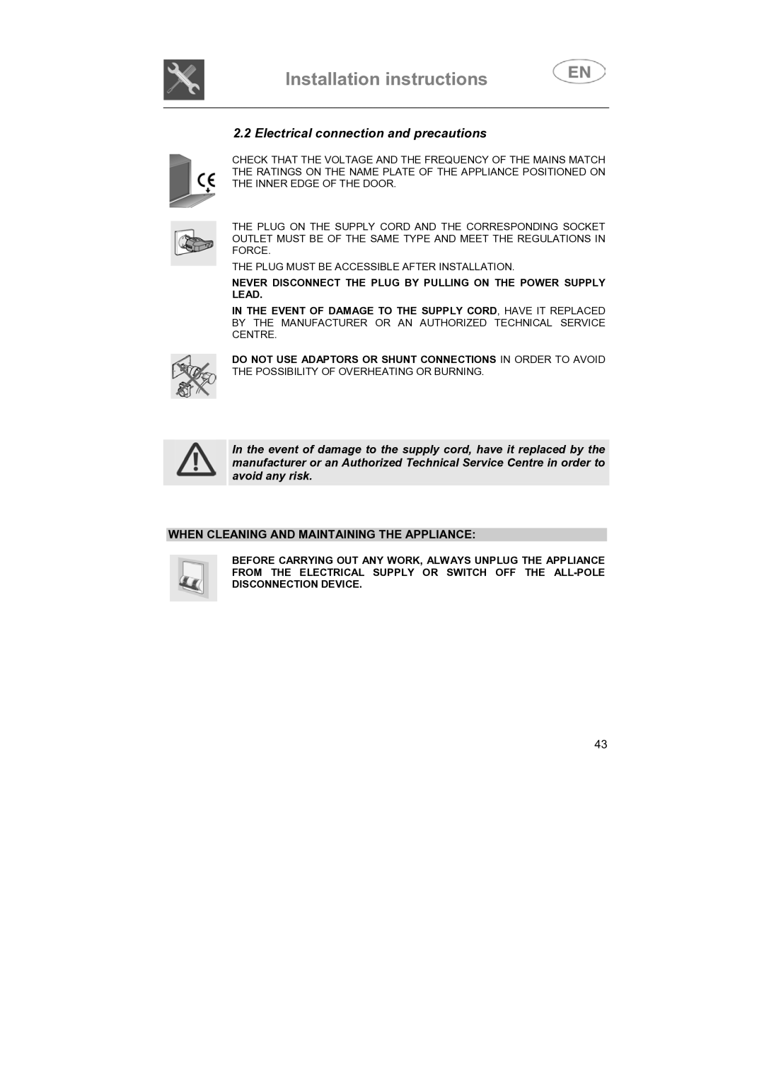 Smeg LVS655EG instruction manual Electrical connection and precautions, When Cleaning and Maintaining the Appliance 