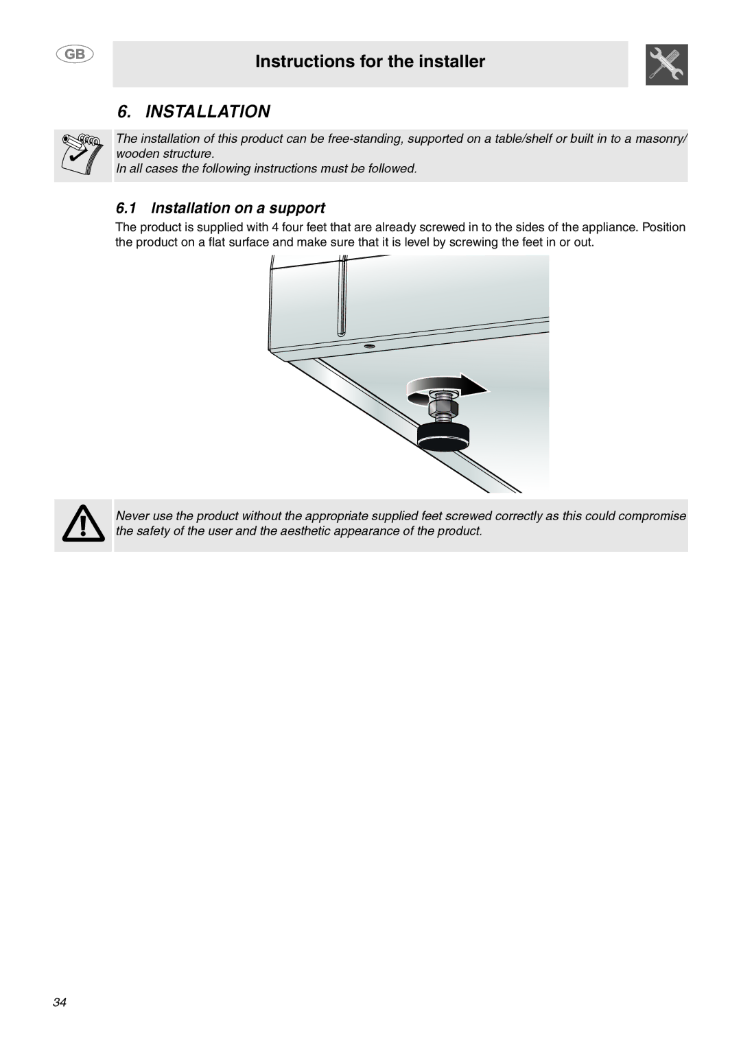 Smeg MC30RA manual Installation on a support 