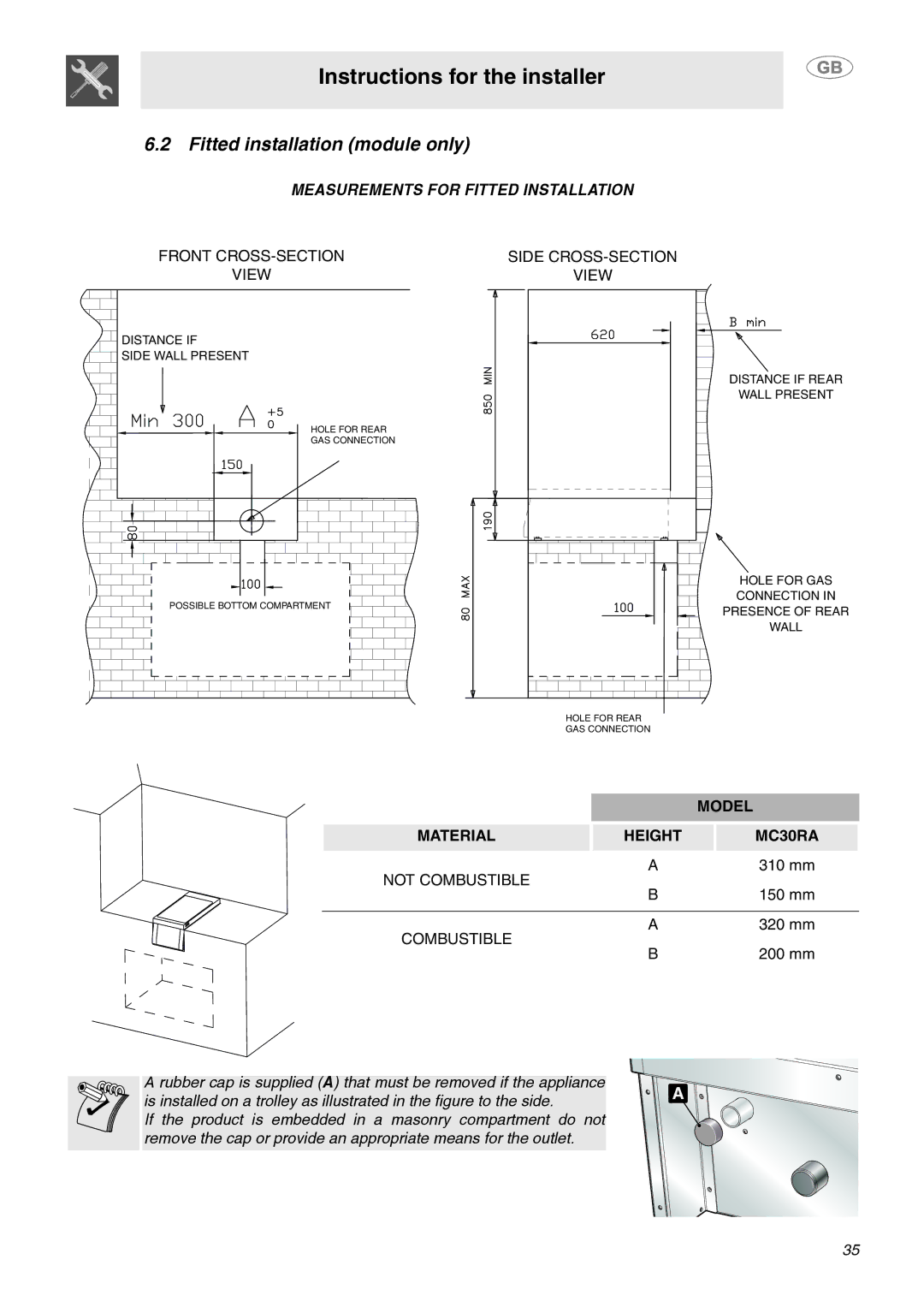 Smeg manual Fitted installation module only, Model, Material Height MC30RA 