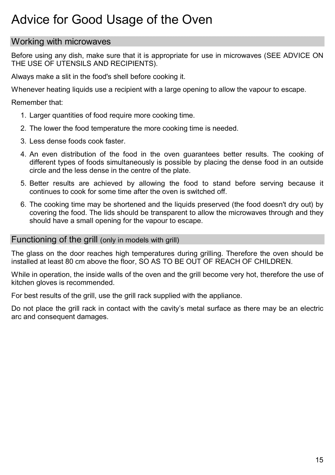 Smeg ME202X, ME201N, ME200B manual Advice for Good Usage of the Oven, Working with microwaves 