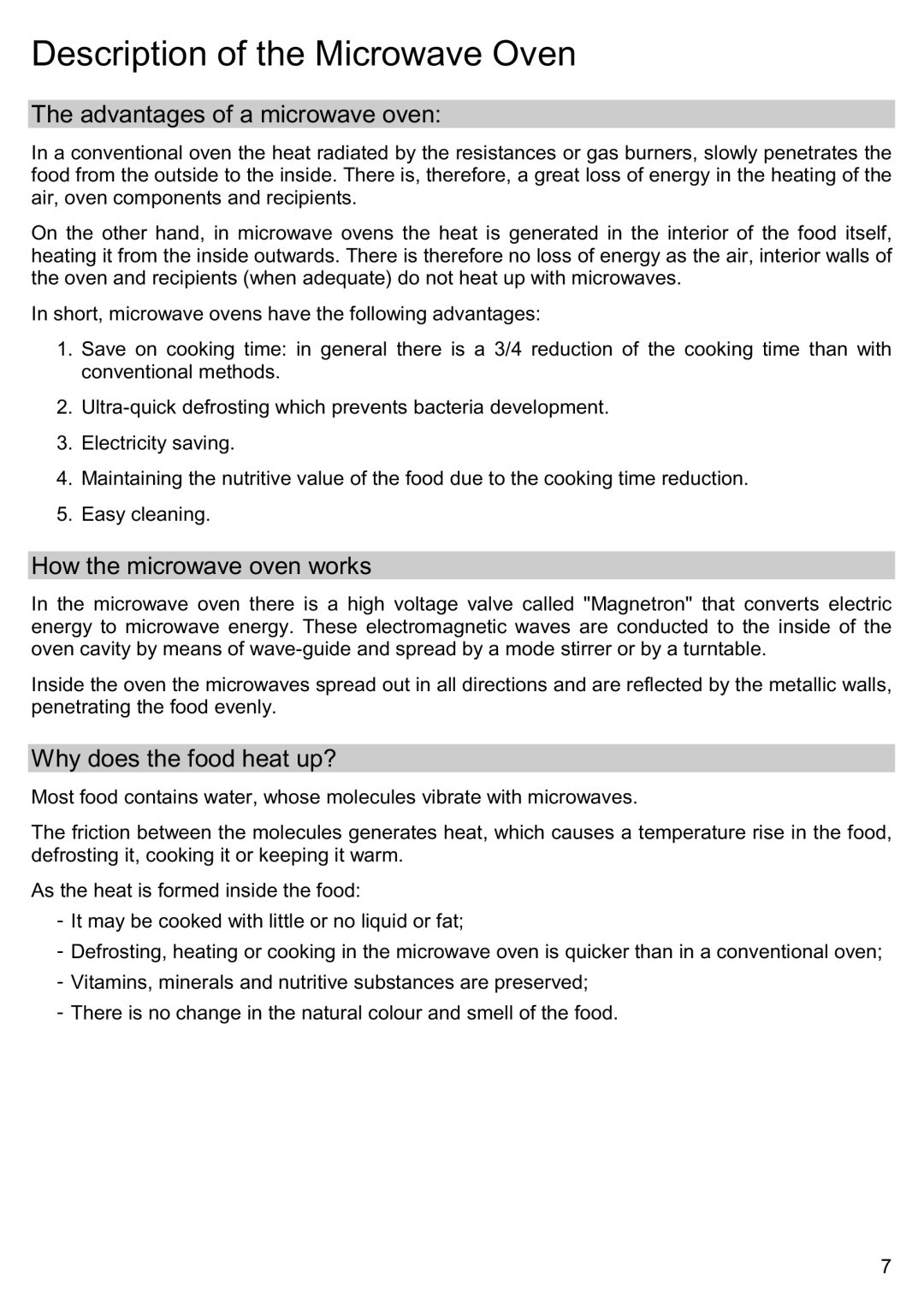 Smeg ME201N, ME200B, ME202X Description of the Microwave Oven, Advantages of a microwave oven, How the microwave oven works 