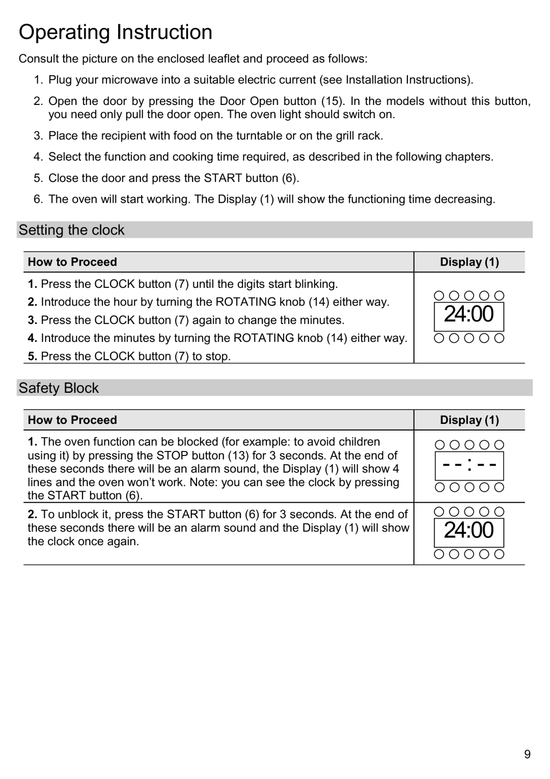 Smeg ME202X, ME201N, ME200B manual 2400, Operating Instruction, Setting the clock, Safety Block, How to Proceed Display 