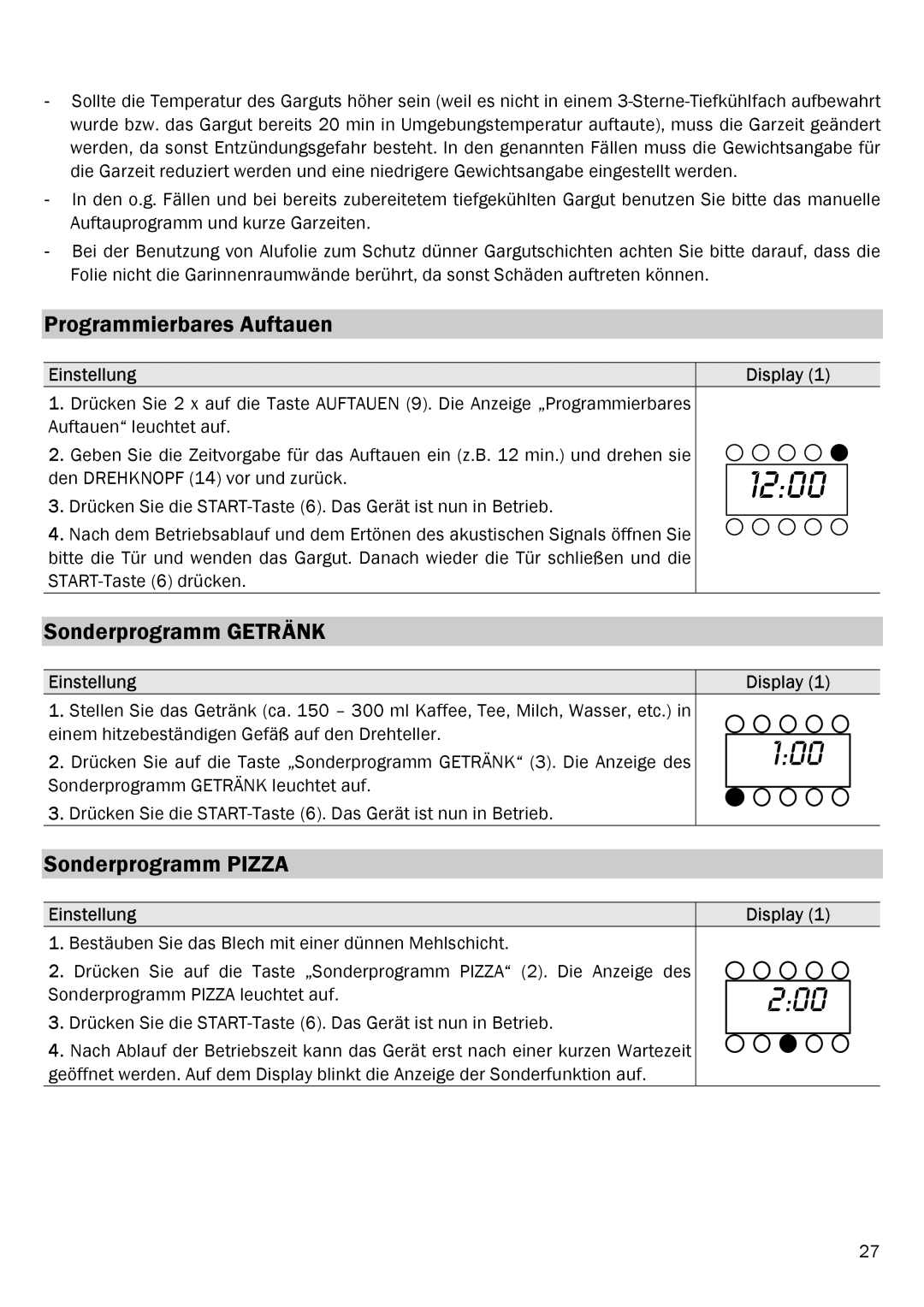 Smeg ME203FX manual Programmierbares Auftauen, Sonderprogramm Getränk, Sonderprogramm Pizza 