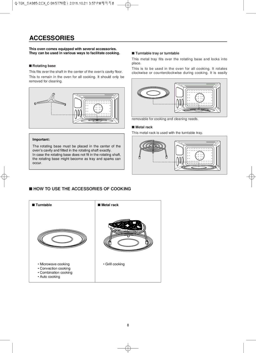 Smeg SA985-2CX, Microwave Convection/Grill Oven owner manual Accessories, Turntable Metal rack 