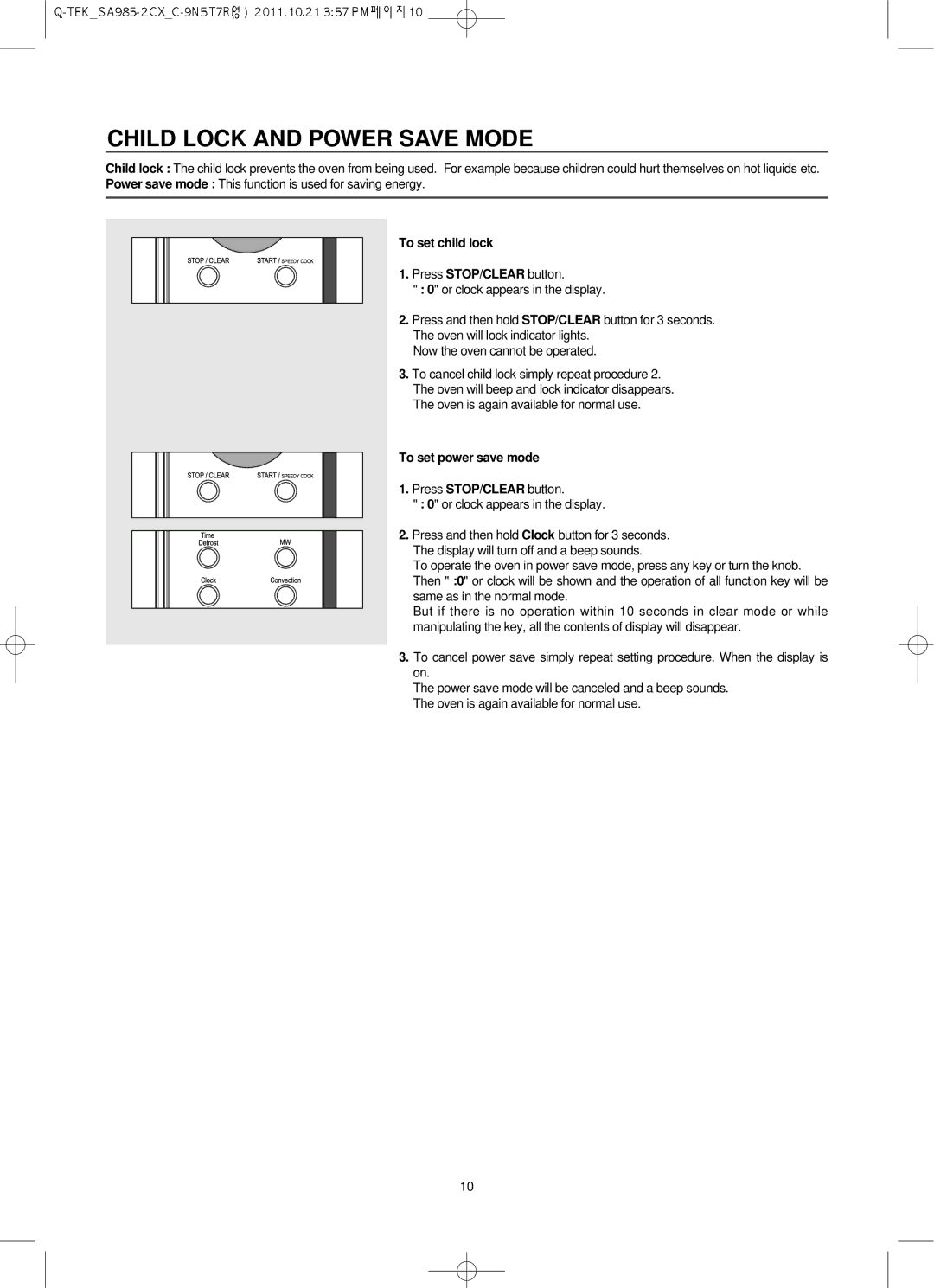 Smeg SA985-2CX, Microwave Convection/Grill Oven Child Lock and Power Save Mode, To set child lock, To set power save mode 