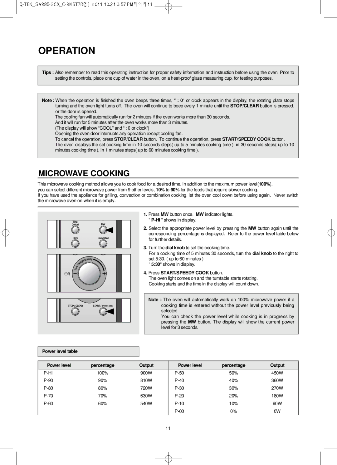 Smeg Microwave Convection/Grill Oven, SA985-2CX owner manual Microwave Cooking, Press START/SPEEDY Cook button 