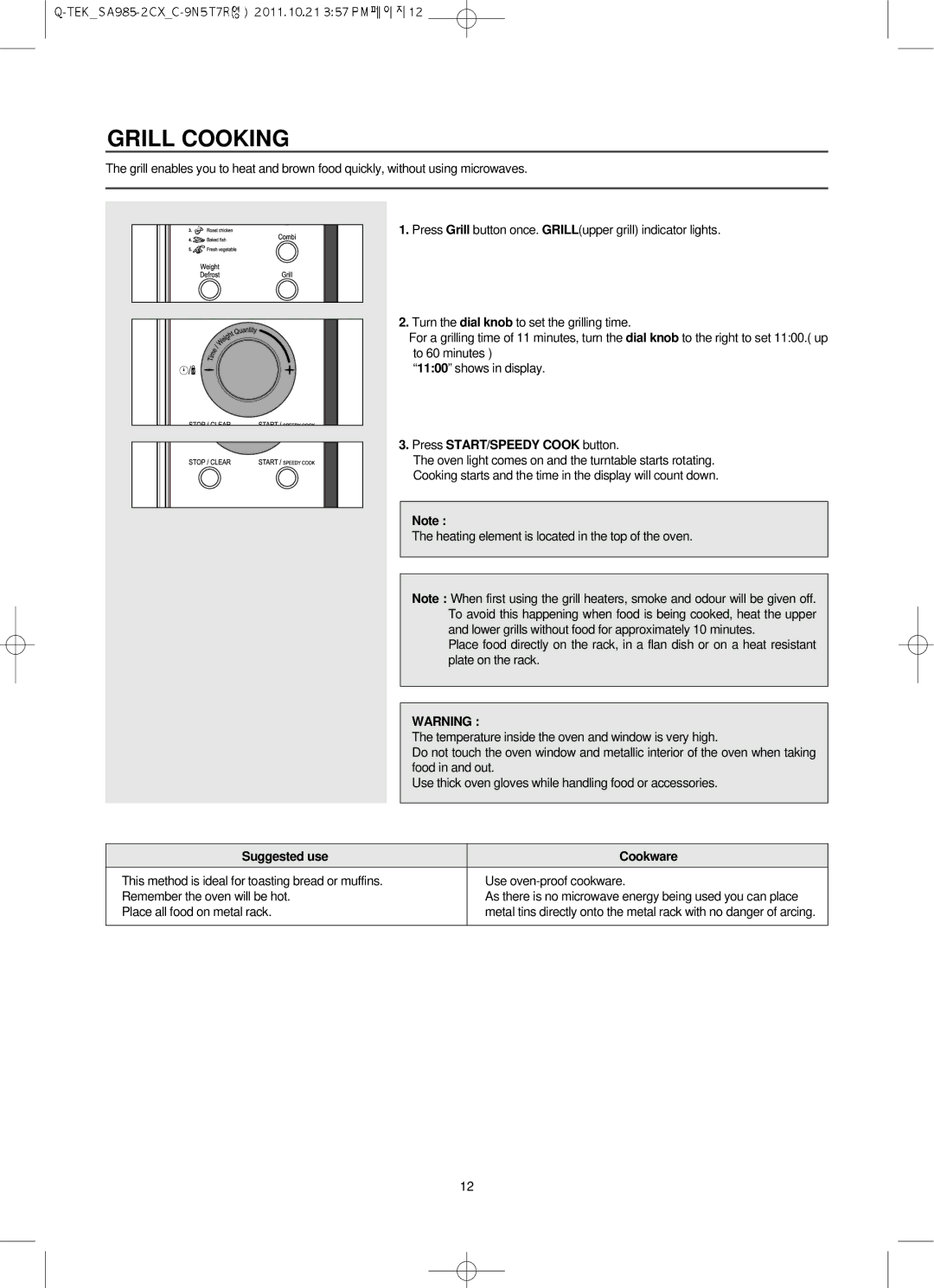 Smeg SA985-2CX, Microwave Convection/Grill Oven owner manual Grill Cooking, Suggested use Cookware 