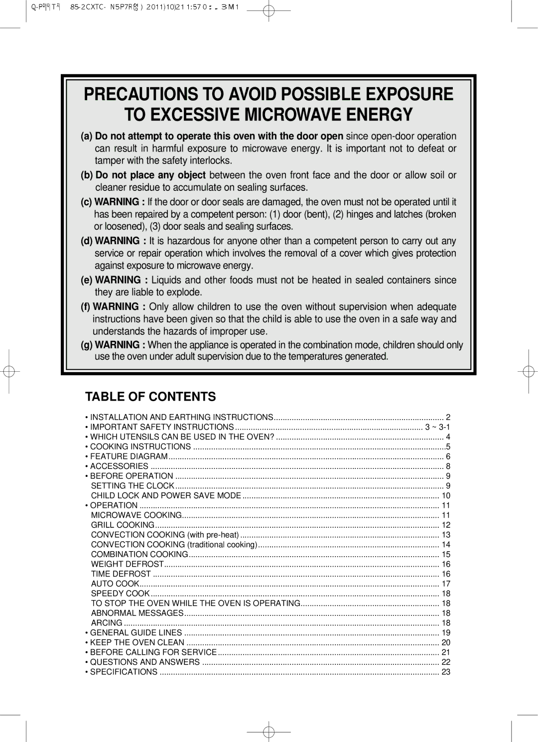 Smeg SA985-2CX, Microwave Convection/Grill Oven owner manual Table of Contents 