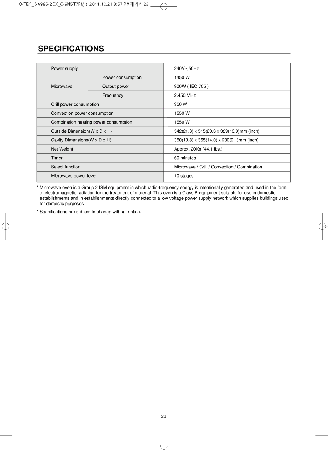 Smeg Microwave Convection/Grill Oven, SA985-2CX owner manual Specifications 