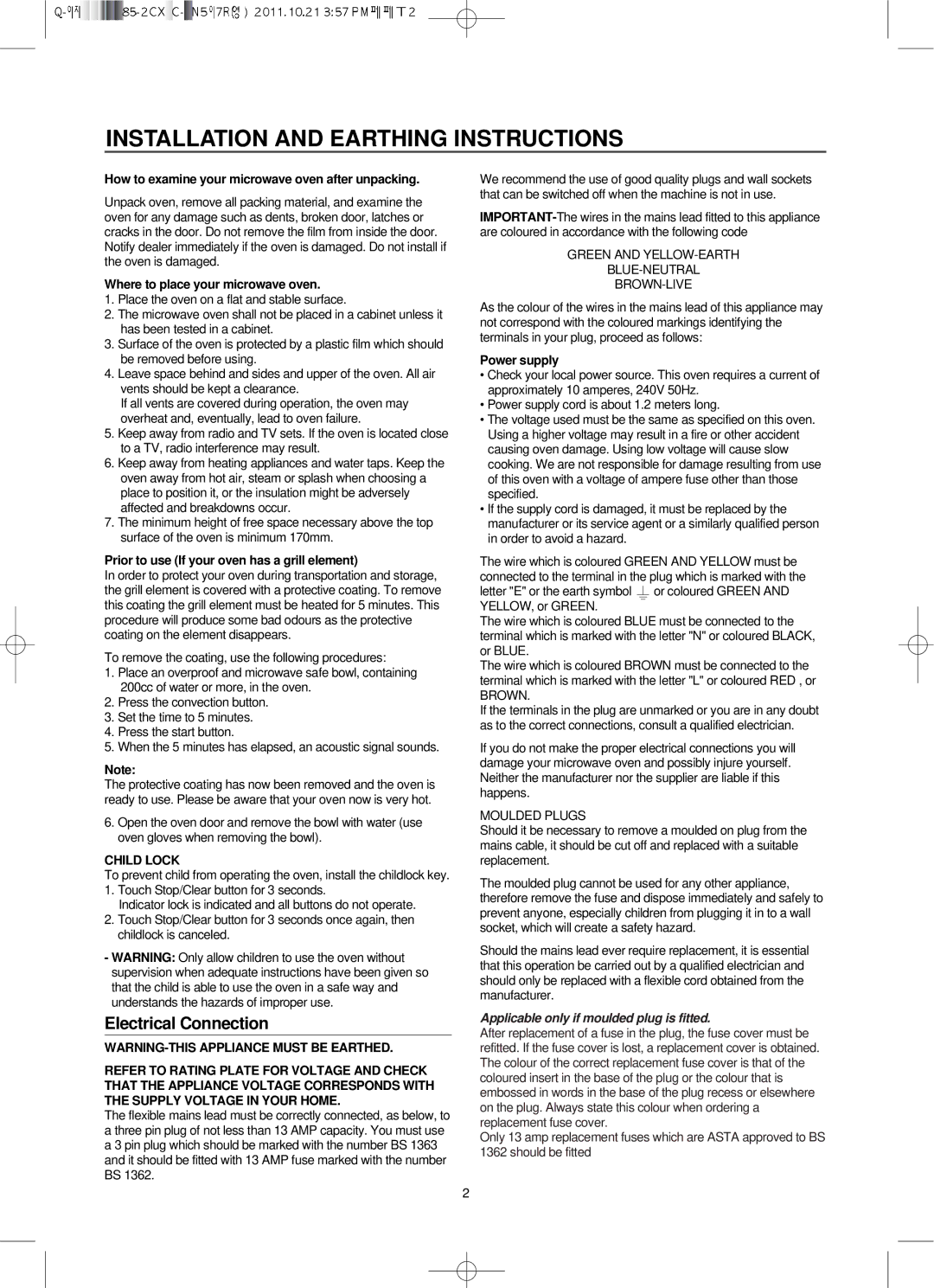 Smeg Microwave Convection/Grill Oven, SA985-2CX owner manual Installation and Earthing Instructions, Child Lock 