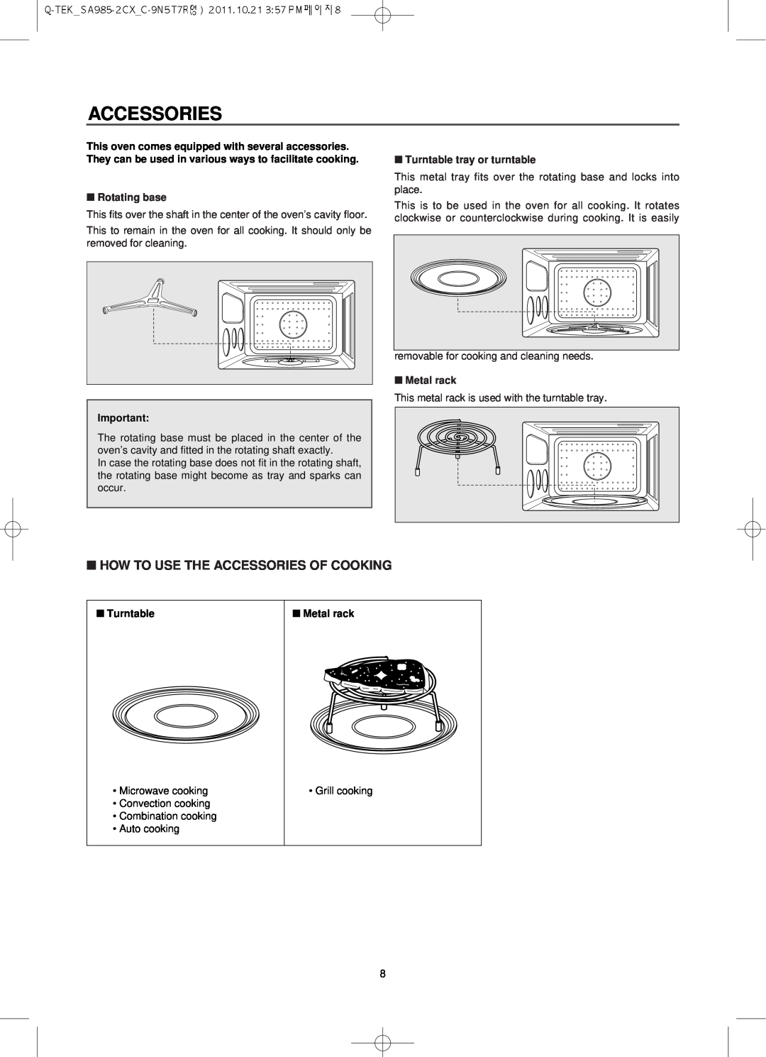 Smeg SA985-2CX How To Use The Accessories Of Cooking, Rotating base, Turntable tray or turntable, Metal rack 