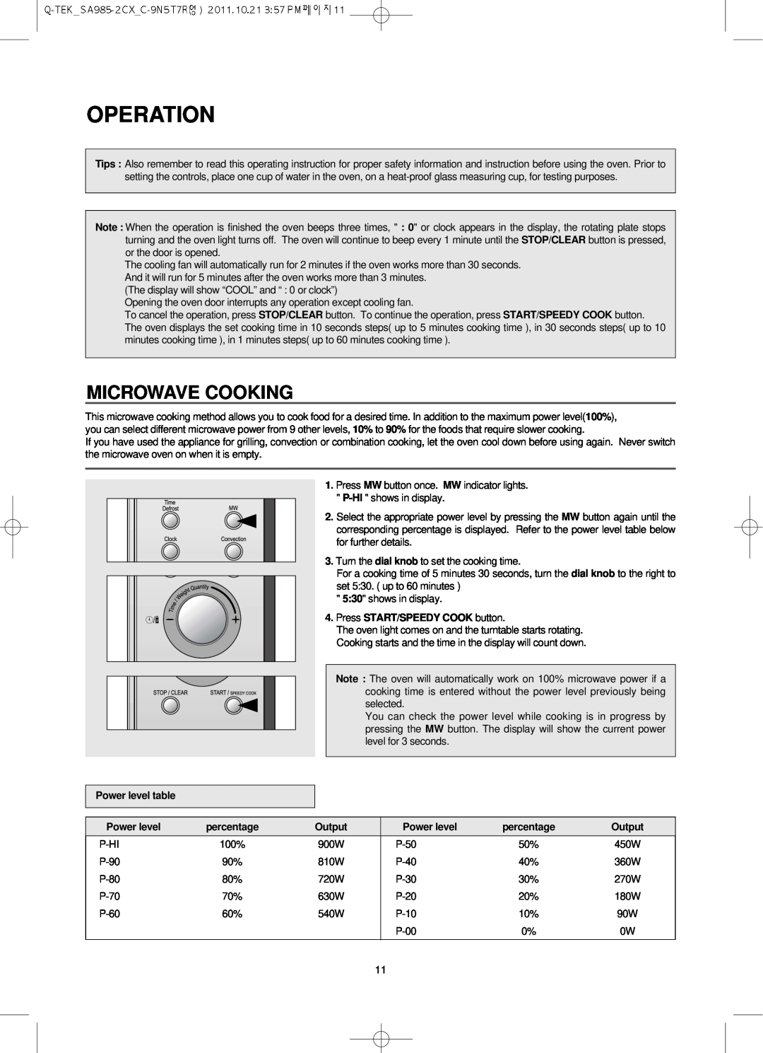 Smeg Microwave Convection/Grill Oven, SA985-2CX owner manual Operation, Microwave Cooking 