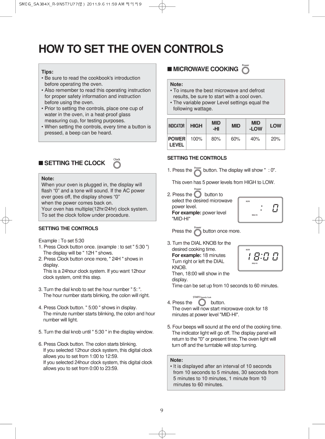 Smeg Microwave Oven, SA384X manual HOW to SET the Oven Controls 