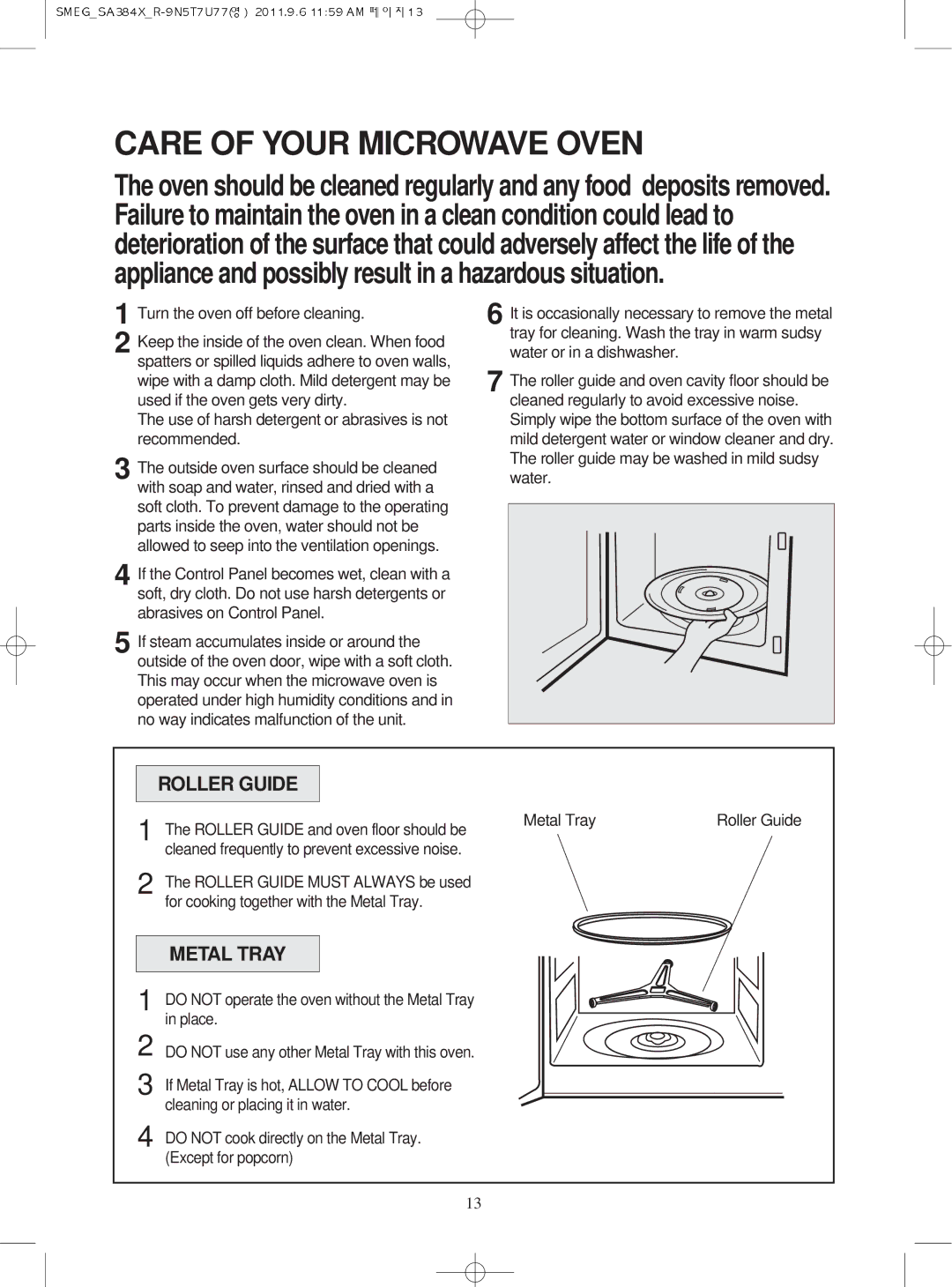 Smeg SA384X manual Care of Your Microwave Oven, Roller Guide, Metal Tray 