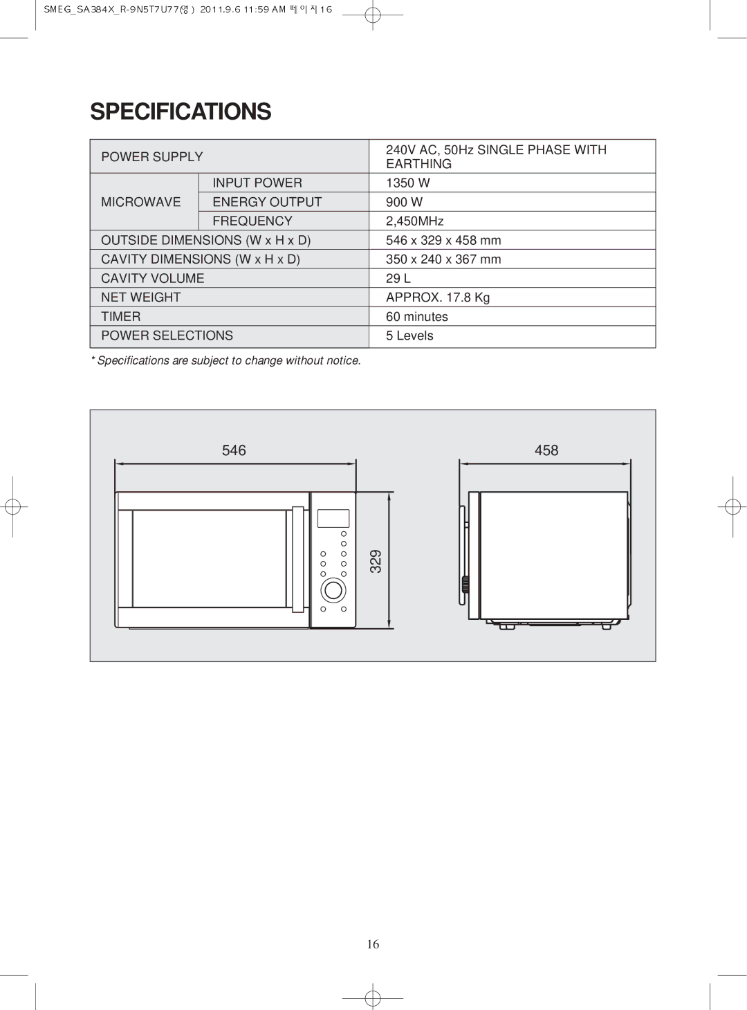 Smeg SA384X, Microwave Oven manual Specifications 