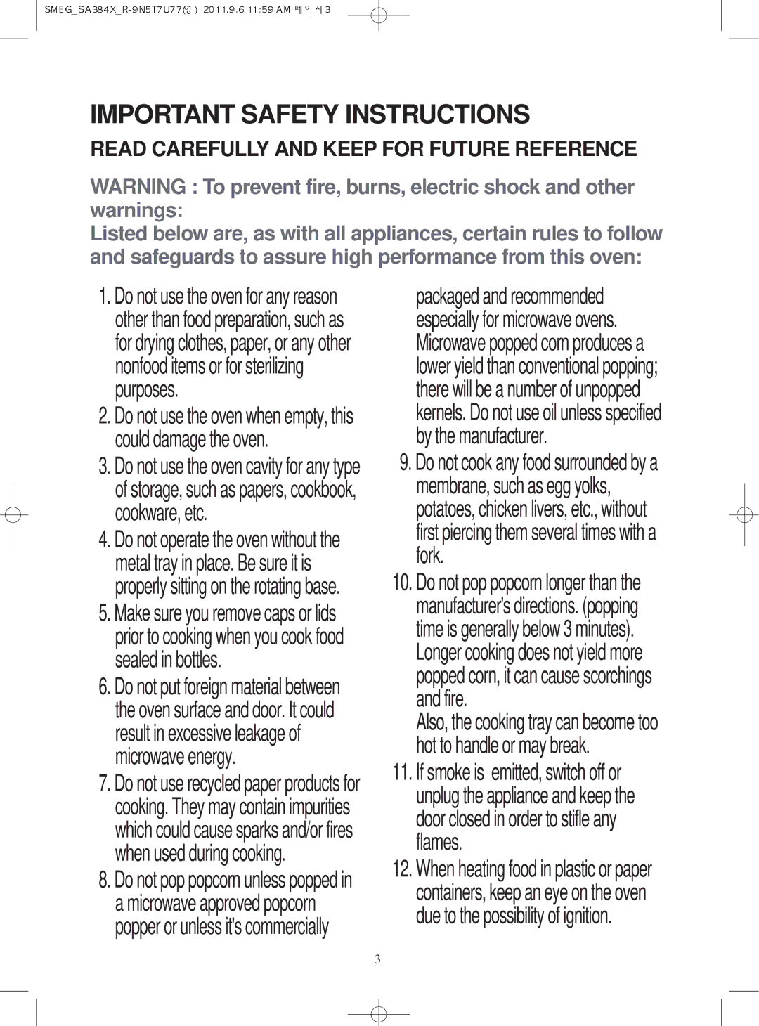 Smeg Microwave Oven, SA384X manual Important Safety Instructions, Read Carefully and Keep for Future Reference 