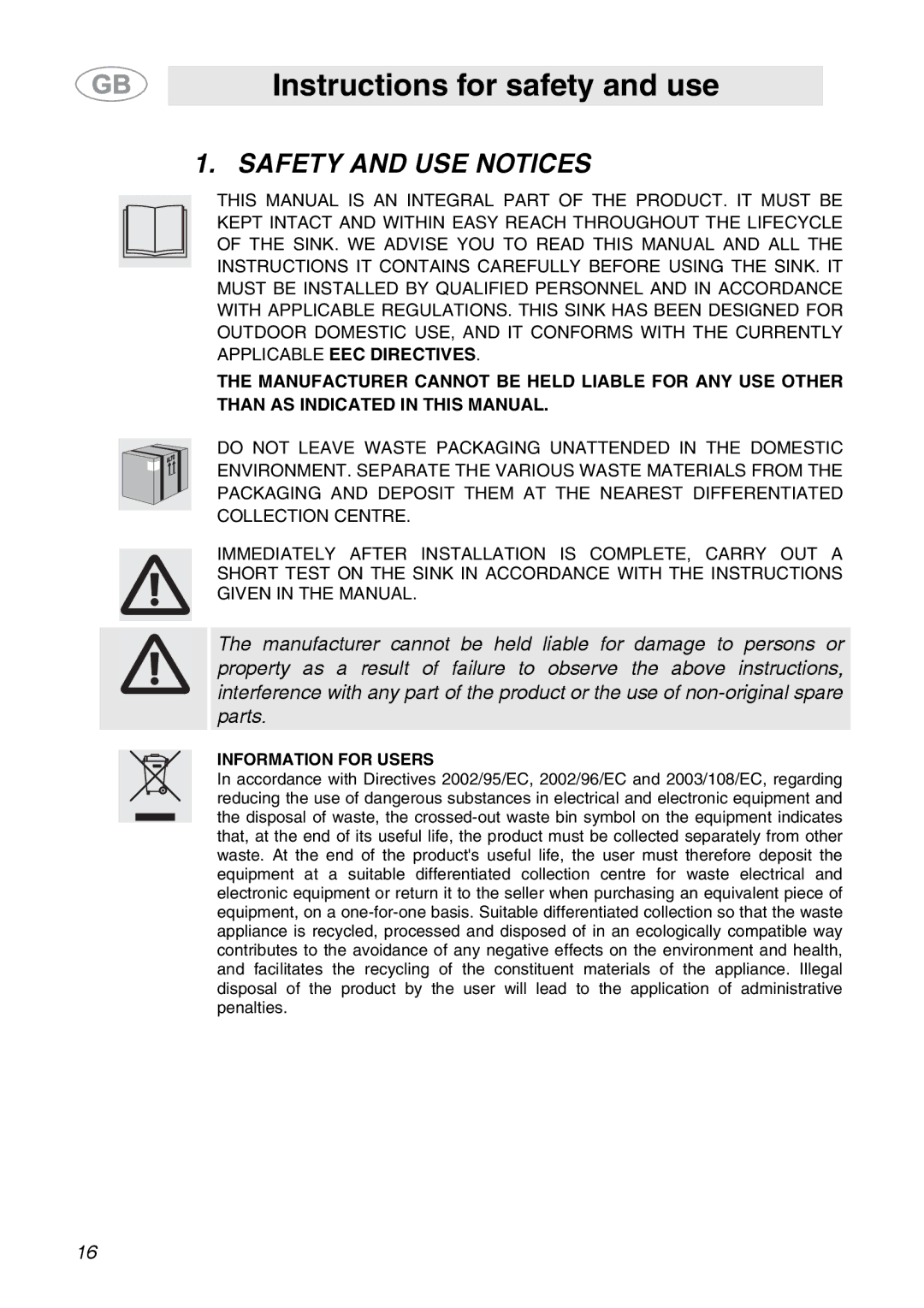 Smeg ML60 manual Instructions for safety and use, Safety and USE Notices 