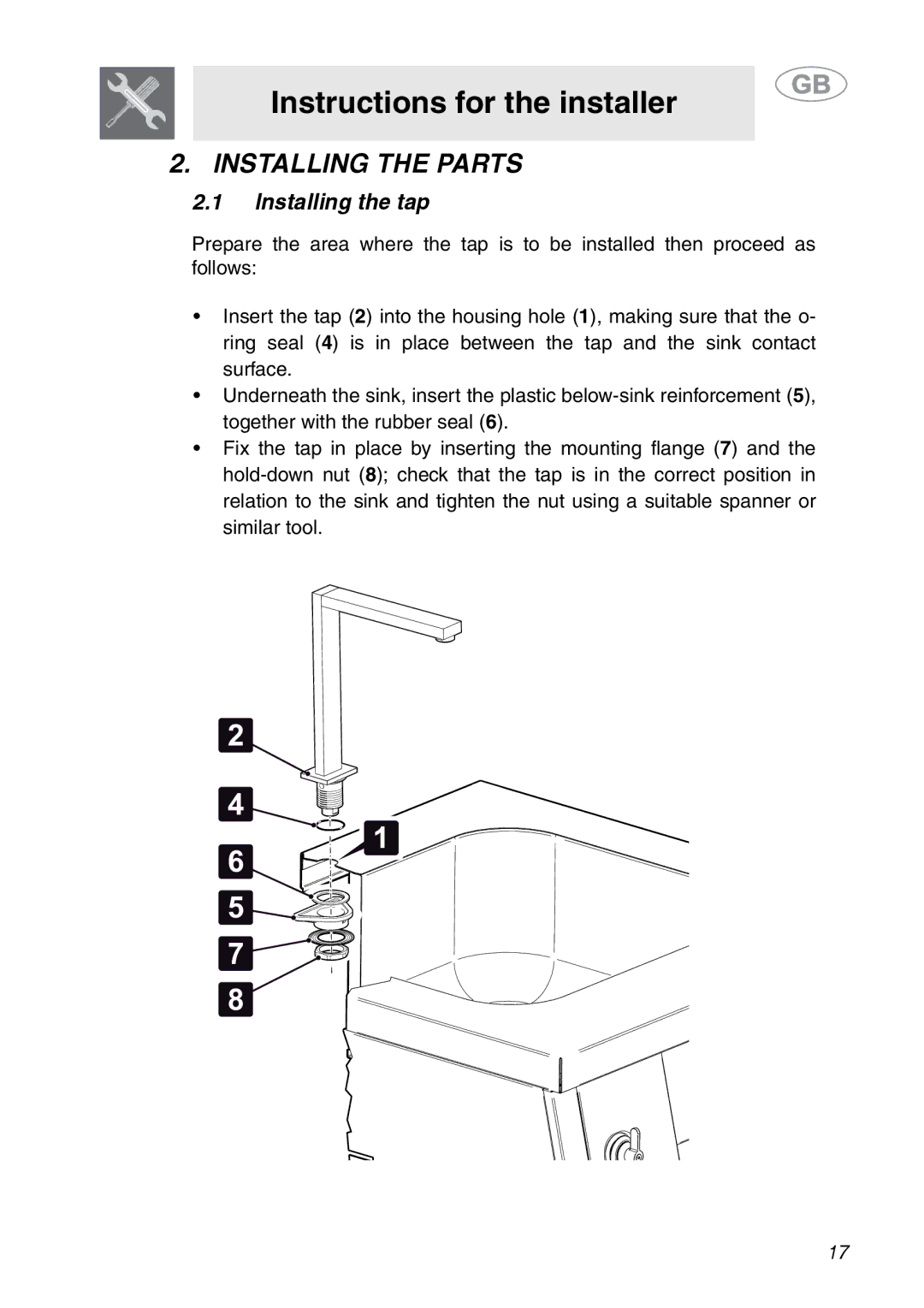 Smeg ML60 manual Instructions for the installer, Installing the Parts, Installing the tap 