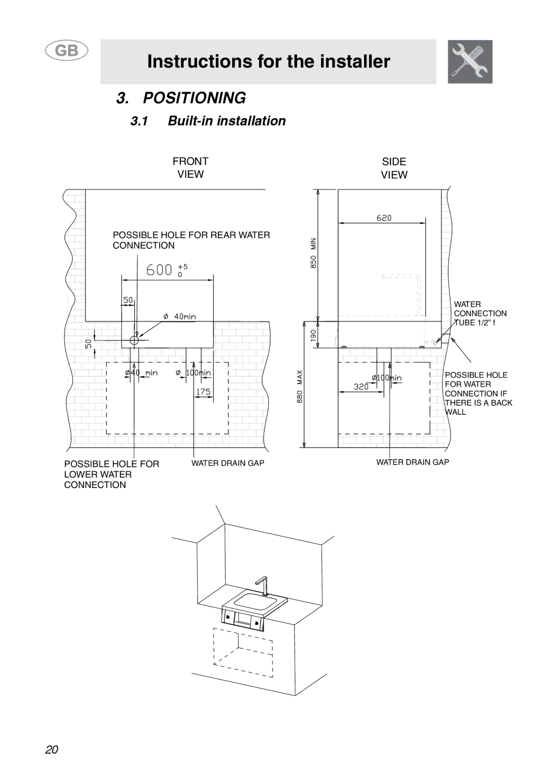 Smeg ML60 manual Positioning, Built-in installation 