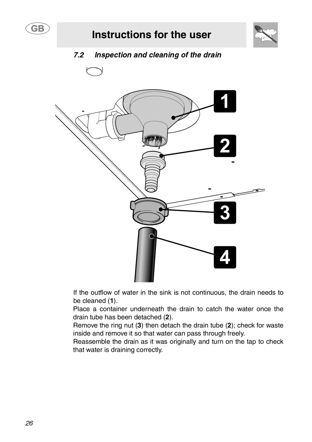 Smeg ML60 manual Instructions for the user, 7.2Inspection and cleaning of the drain 