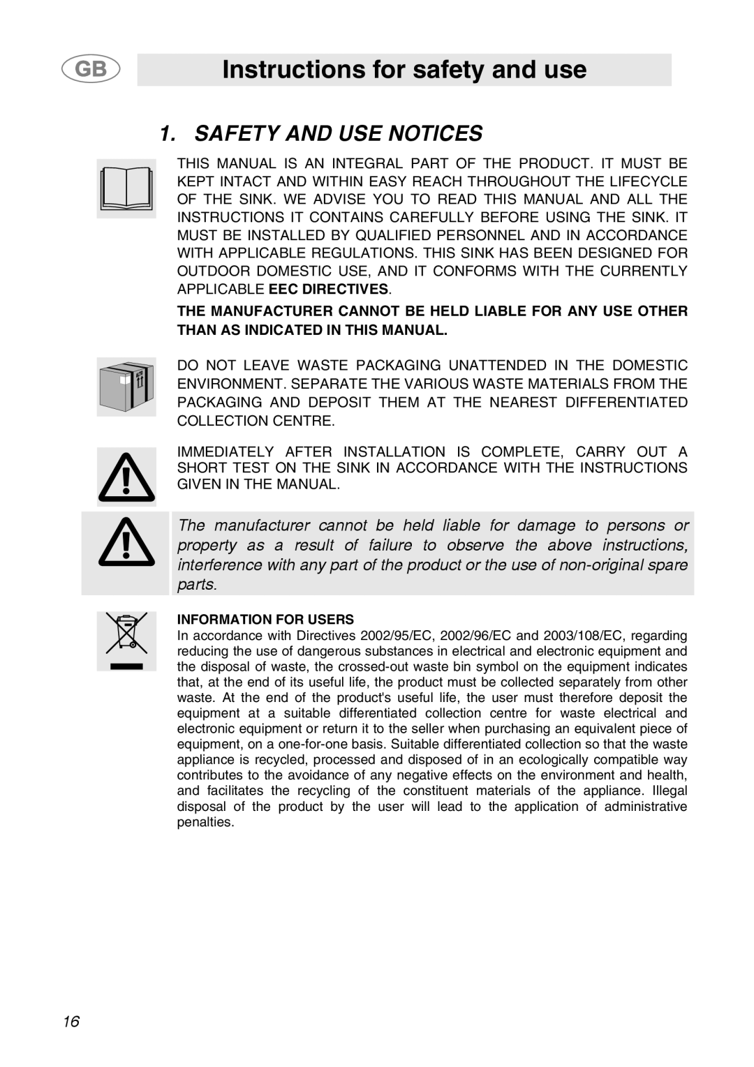 Smeg ML60 manual Instructions for safety and use, Safety And Use Notices 