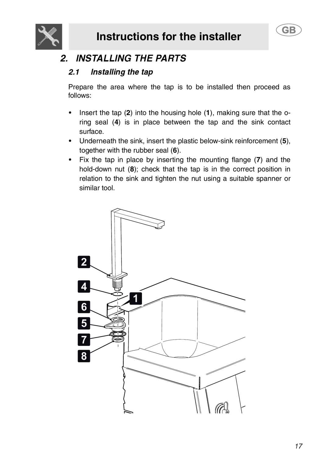 Smeg ML60 manual Instructions for the installer, Installing The Parts, 2.1Installing the tap 
