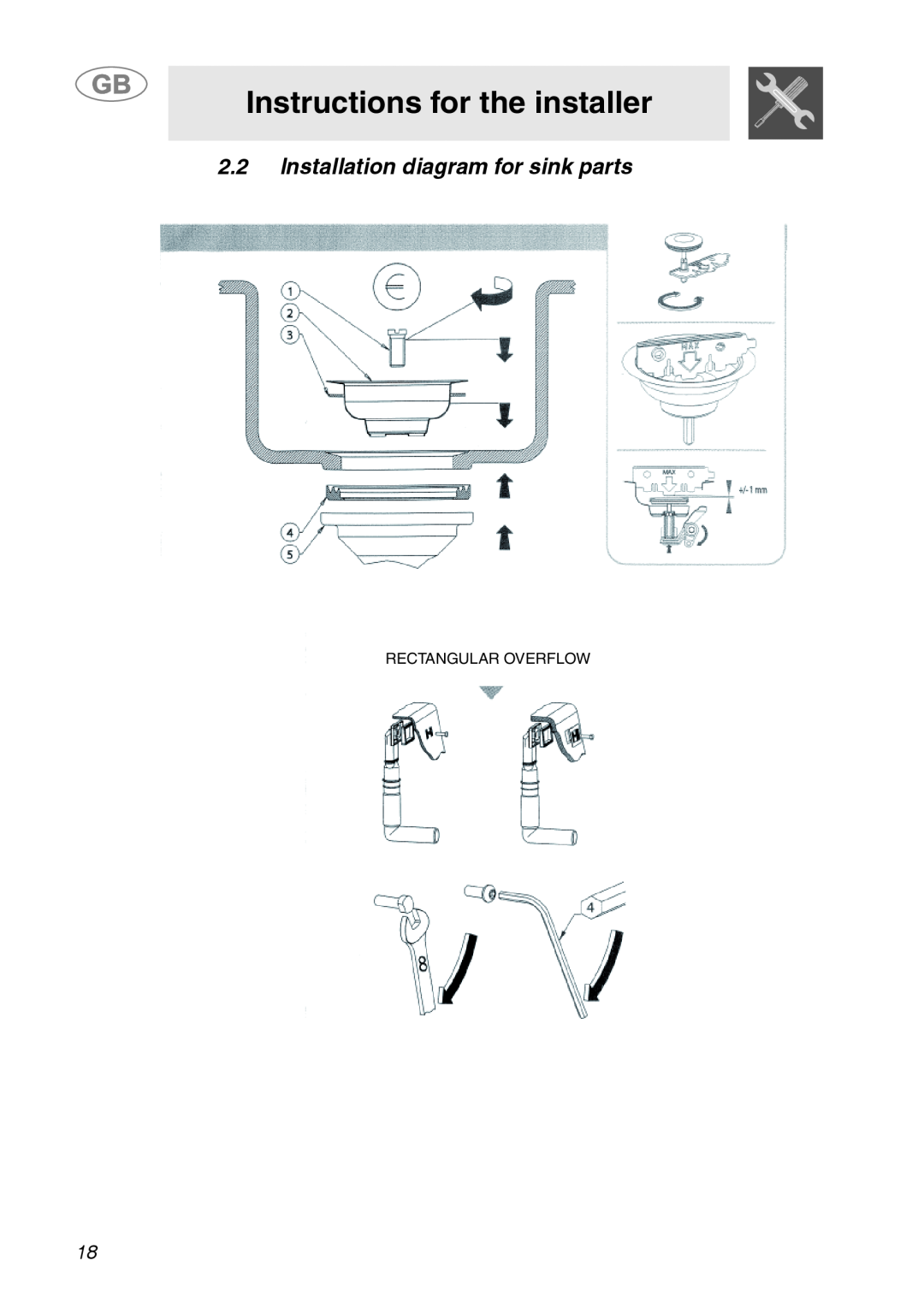 Smeg ML60 manual Instructions for the installer, 2.2Installation diagram for sink parts, Rectangular Overflow 