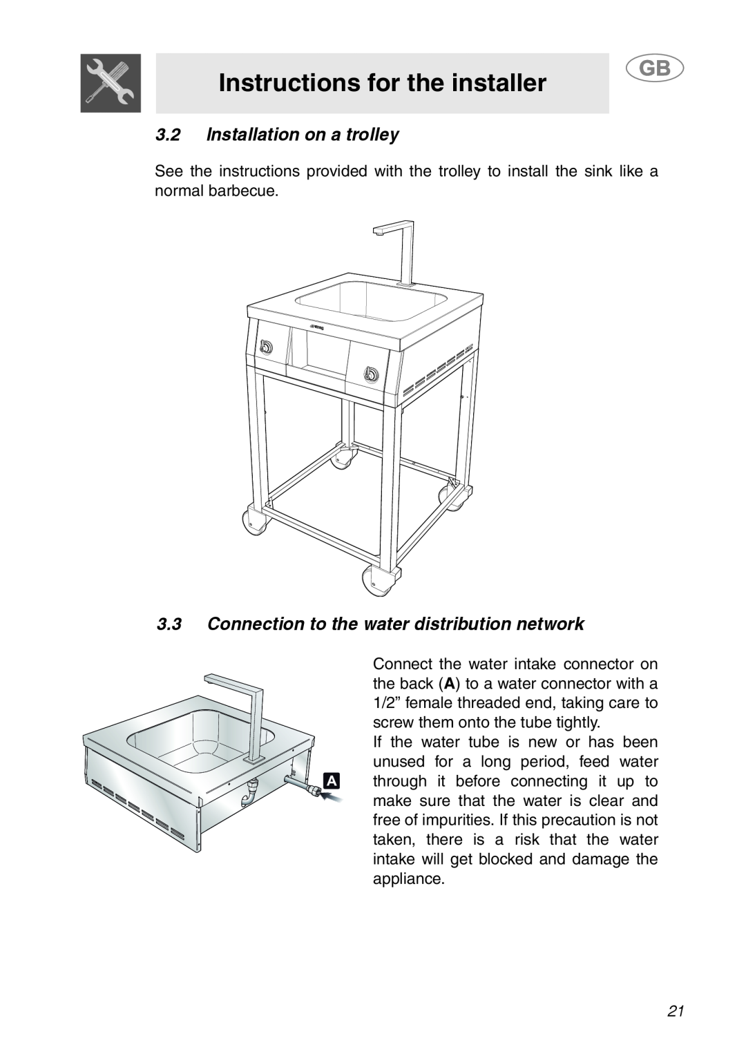 Smeg ML60 Instructions for the installer, 3.2Installation on a trolley, 3.3Connection to the water distribution network 